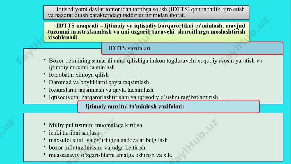 ning ragʻbatlantirishga qaratilgan institusional va tarkibiy islohotlarni davom ettirish” nazarda tutiladi. bunda quyidagilarga ustuvorlik beriladi: davlat mulkini xususiylashtirish tartib tamoyillarni yanada kengaytirish va soddalashtirish; xoʻjalik yurituvchi sub'ektlarning ustav jamgʻarmalarida davlat ishtirokini kamaytirish; davlat mulkini xususiylashtirilgan ob'ektlarning bazasida xususiy tadbirkorlikni rivojlantirish uchun qulay shartsharoitlarni yaratish; korporativ boshqaruvining zamonaviy standartlari va usullarini joriy etish; davlat xususiy sheriklikni kengaytirish; nodavlat, jamoat tashkilotlar va oʻzini oʻzi boshqarish organlarining rolini oshirish 3. davlat iqtisodiy siyosatining asosiy yoʻnalishlari va tartibga solish usullari hamda vositalari davlatning iqtisodiy siyosati — bu iqtisodiyotni tartibga solish va iqtisodiy oʻsishni ragʻbatlantirish, bandlikni ta'minlash va inflyasiyani oldini olish orqali aholi farovonligini oshirib borishga qaratilgan chora-tadbirlaridir. davlatning iqtisodiy siyosati milliy manfaatlardan kelib chiqqan holda ma'lum maqsadlarni koʻzlaydi. bulardan asosiylari quyidagilar: 1. barqaror iqtisodiy oʻsishni ragʻbatlantirish. bu yalpi ichki maxsulotning bir maromda va etarli sur'atlar bilan oʻsishiga sharoit hozirlashni bildiradi, chunki u qanchalik tez oʻssa, mamlakat iqtisodiy qudrati shunchalik ortadi. 2. milliy iqtisodiyotning mustaqilligini …