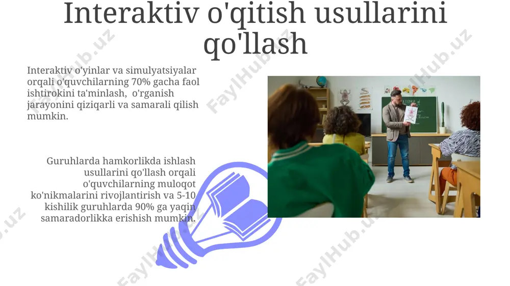ish uchun kamida 3 ta turli xil trening yoki seminarlarda qatnashish, yangi pedagogik texnologiyalarni o’zlashtirish va o’qituvchilarning 50% dan ortig’i amaliy tajribalarini baham ko’rish kerak. o'z ustida ishlash samaradorligini oshirish uchun har hafta kamida 1 soat o'qishga ajratish, o'qituvchilar jamoasi bilan 2 martadan kam bo'lmagan o'zaro tajriba almashish sessiyalarida qatnashish va yangi pedagogik adabiyotlar bilan tanishish muhim. sinfdagi o'quv muhitini yaxshilash sinfdagi o'quv muhitini yaxshilash uchun interfaol o'yinlardan, masalan, 5-7 kishilik guruhlarda bajariladigan topshiriqlardan foydalanish, o'quvchilarning faol ishtirokini 20% ga oshirishi mumkin. sinf xonasini rang-barang plakatlar, motivatsion shiorlar va o'quvchilarning ishlari bilan bezash, ularning o'ziga ishonchini 15-20% kuchaytirib, ijobiy psixologik muhit yaratadi. dars rejalashtirish va uning samaradorligi 01 02 dars rejalashtirishda 5w1h (kim, nima, qachon, qayerda, nima uchun, qanday) usulini qo‘llash, ta’lim maqsadlarini aniqlash va o‘quv jarayonini mantiqiy tuzilishiga yordam beradi, natijada samaradorlikni 20% ga oshiradi. sales 1st qtr 2nd qtr 100 0 sales 1st qtr 2nd qtr 100 0 …