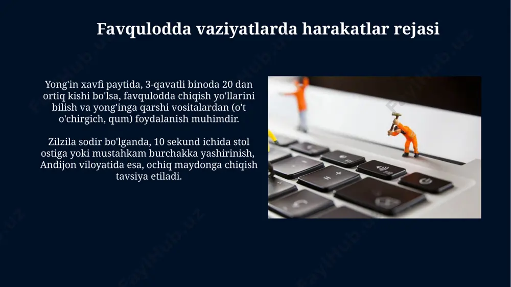 xavfi va undan himoya elektr toki urishi xavfini kamaytirish uchun toshkentdagi binolarning 80%ida topraklama tizimi o'rnatilishi kerak, bu esa 220v tarmoqdagi tok urish ehtimolini sezilarli darajada pasaytiradi. elektr toki urishi xavfini oldini olish uchun xavfsizlik qoidalariga rioya qilish va 30 ma dan oshmaydigan oqim himoyasi bilan jihozlangan avtomatik himoya vositalaridan foydalanish zarur. bunday qurilmalar namangan shahridagi ko'plab zamonaviy binolarga o'rnatilgan. mexanik shikastlanish xavfi va undan himoya metall kesish stanoklarida (2000 kg gacha yuk ko'taradigan) mexanik shikastlanishlardan himoya qilish uchun farg'ona viloyatida 50 mm qalinlikdagi xavfsizlik panjaralari o'rnatilishi zarur va ularning ishlash holatini muntazam tekshirib turiladi. mexanik shikastlanish xavfi, masalan, 3000 rpm tezlikda aylanuvchi dvigatelning ochiq joylashuvi, ishchi xonalarda 2-darajali himoya vositalaridan foydalanishni talab qiladi, toshkentdagi zavodlarda bunday xavfsizlik choralari majburiydir. yong'in xavfi va yong'indan himoya toshkent shahridagi 5 qavatli binolarda yong'in xavfsizligi tizimlari, 2023 yilgi ma'lumotlarga ko'ra, o'rtacha 70% samaradorlik ko'rsatkichiga ega. andijon viloyatida yong'inlarning 35%i elektr jihozlarining noto'g'ri ulanishi …