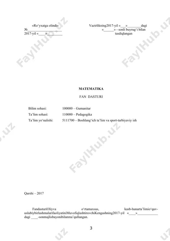 yutuvchi elementlarini; · bo‘linish alomatlarini; · butun, ratsional, haqiqiy, kompleks sonlar ustida amallarni; · sonli va harfiy ifodalarni; · sonli tenglik, sonli tengsizlik, tenglama va tengsizliklarning xossalarini; · geometrik figuralar, ularning xossalarini; · yasashga va hisoblashga doir geometrik masalalarni; · skalyar miqdorlar va ularning xossalarini bilishi va ulardan foydalana olishi; · chekli va cheksiz to‘plamlar ustida amallar bajarish; · sodda kombinatorika masalalarini yеchish; · boshlang‘ich maktabda qo‘llaniladigan algoritmlarni qo‘llash; · fikrlar va predikatlar ustida mantiqiy amallarni bajarish; · to‘g‘ri va noto‘g‘ri muhokamalarni farqlay olish; · nomanfiy butun sonlar ustida arifmetik amallarni yozma va og‘zaki ratsional usulda bajarish; · sonlar ekubi va ekukini topish; · bo‘linish alomatlarini qo‘llash; · butun, ratsional, haqiqiy, kompleks sonlar ustida amallarni bajarish; · yasashga va hisoblashga doir geometrik masalalarni yеchish; · miqdorlarga doir masalalarni yеchish ko‘nikmalariga ega bo‘lishi kerak. fanning o‘quv rеjasidagi boshqa fanlar bilan o‘zaro bog‘liqligi, uslubiy jihatidan uzviyligi va kеtma-kеtligi matеmatika fani asosiy ixtisoslik …