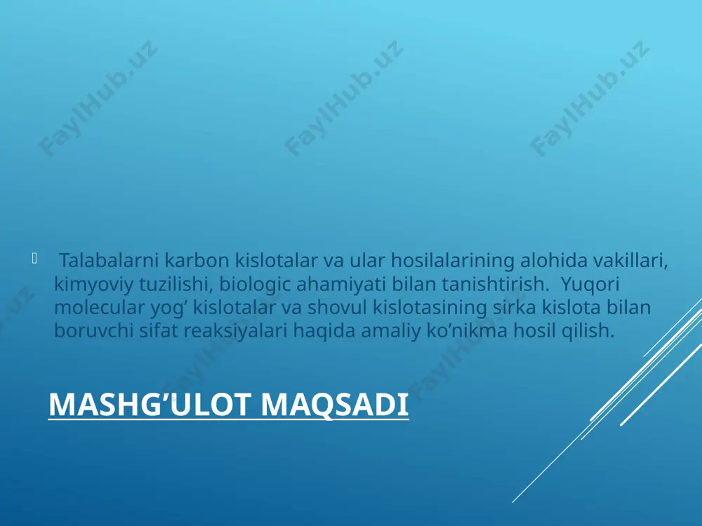 talar suvda yomon eriydi. olinish usullari. birlamchi spirtlar oksidlanishidan. birlamchi spirtlar jons reagent yoki kaliy permanganatning kislotali yoki ishqoriy eritmasida karbon kislotalargacha oksidlanadi. aldegidlar oksidlanishidan. aldegidlar oksidlanishida yuqoridagi reagentlar bilan birga kumush oksidi ham qo’llaniladi. alkil benzollarning oksidlanishidan. oksidlovchilar sifatida kaliy permanganat, xrom(vi) birikmalari, nitrat kislata va boshqalar foydalaniladi. nitrillar gidrolizidan. ishqoriy hamda kislotali muhitda nitrillar gidrolizida: karbon kislotalar hosilalarining gidrolizidan (asilgalogenidlar, angidridlar, murakkab efirlar, amidlar va hk ). karbon kislotalar hosilalari ishqoriy va kislotali gidrolizda karbon kislotalarni yoki ularning tuzlarini hosil qiladi. kimyoviy xossalari. karbon kislotalar –soon funksional guruhini o’zida tutadi, bu guruh vodorod atomi yoki radikal bilan bog’langan. valent burchak 1200 atrofida bo’lib, karboksil guruh uglerodi sp2 gibridlangan yassi fazoviy ko’rinishga ega. karbon kislota molekulasida quyidagicha reaksion markazlar mavjud: elektrofil markaz n-asosiy markaz ch-kislotali markaz oh-kislotali markaz kislotalilik xususiyati karbon kislotalarning kislotalilik xususiyati spirtlar va bir qancha fenollarnikiga nisbatan kuchli hisoblanadi. suvli eritmada ular kuchsiz dissotsilangan bo’lib, indikatorlar …