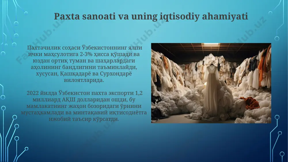 24 йилда 10% гача йўқотишларга олиб келиши мумкин. paxta bozoridagi yangi tendentsiyalar 2023 йилда ўзбекистон пахта экспортининг 25% гачаси хитойга йўналтирилган бўлиб, бу эса жаҳон бозоридаги нархларнинг ўзгаришига сезиларли таъсир кўрсатмоқда. бирлашган араб амирликларидаги пахта толасини қайта ишлаш корхоналари томонидан юқори сифатли органик пахтага бўлган талаб йилига 15% га ортиб бормоқда. jahon paxta bozorining kon'yunkturasi жаҳон пахта бозорида 2023 йилда ҳисобланган 25 миллион тоннага яқин пахта етиштирилди, бу эса хитой ва ҳиндистон каби йирик истеъмолчиларга таъсир кўрсатди. бразилия ва австралия каби давлатларнинг пахта экспорти 2022 йилга нисбатан 15% га ошди, бу эса европа ва осиё бозорларидаги рақобатни кучайтирди. paxta tola sifati va uning bozor qiymatiga ta'siri европа иттифоқи мамлакатларининг пахта импортида экологик тоза ва органик пахтага бўлган талаб 2022 йилга нисбатан 10% га ошди, бу эса экологик тоза пахта етиштиришга ихтисослашган фермерлар учун юқорироқ бозор нархларини таъминлади. 2023 йилда жаҳон бозорида пахта толасининг сифати, айниқса, uzbekiston va hindistonдан экспорт қилинаётган …