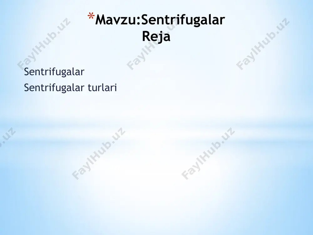 foydalaniladi. asosiy qismi oʻz oʻqi atrofida katta tezlikda aylanib turuvchi rotor(baraban) hisoblanadi.ish prinsipiga koʻra, sentrifuga tindiruvchi va suzuvchi(filtrlovchi) turlarga boʻlinadi.tindiruvchi sentrifuga suyultirilgan suspenziyalardagi suyuq fazani tindirish va konsentratsiyalangan suspenziyalardagi qattiq fazani choʻktirish uchun ishlatiladi. image1.jpeg image2.jpg image3.jpg image4.jpg image5.jpg image6.jpg image7.jpg /docprops/thumbnail.jpeg