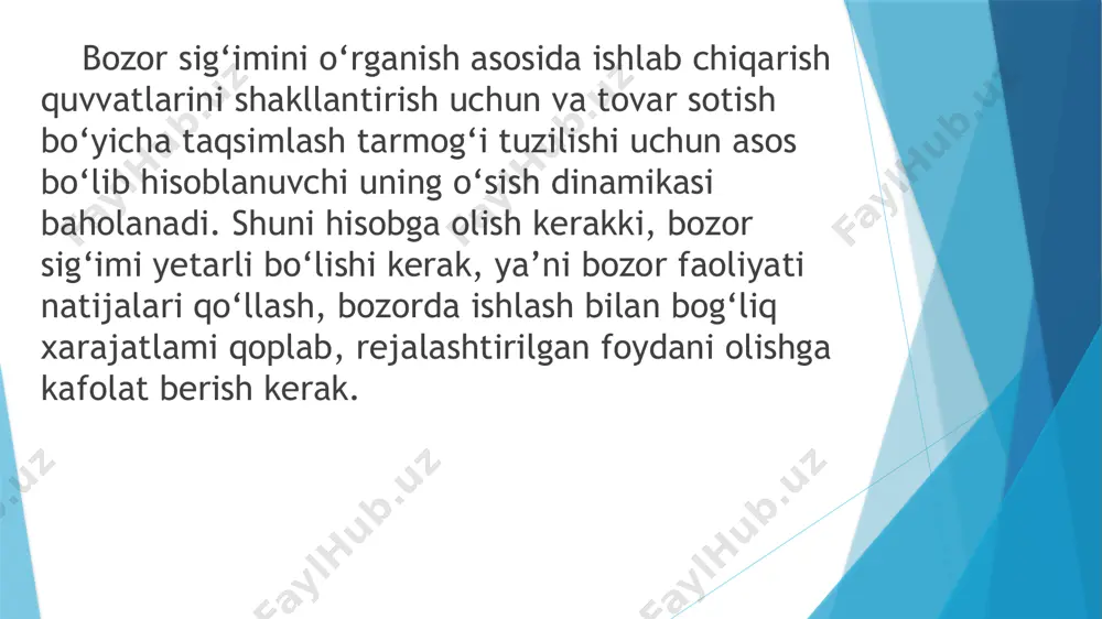 bo‘lgan tovarlar ishlab chiqarilmoqda. bunday tovarlar standartlashtirish darajasi yuqori bo‘lganligi tufayli ishlab chiqaruvchilarga ko‘proq daromad keltirmoqda. shunday qilib, «kontrsegmentlash» - «narx/qoniqish» mezoniga asoslangan segmentlashdir. pozitsiyalash strategiyalari firma maqsadli segmentni tanlab olgach, har bir segmentda qanday pozitsiyani egallash kerakligini hal qilishi kerak. bu qarorning ahamiyati shundaki, u marketing dasturini ishlab chiqishda asos vazifasini o‘taydi. pozitsiyalash firmaning maqsadli xaridorlar tomonidan qanday qabul qilinishini belgilaydi. unga quyidagicha ta’rif berish mumkin: pozitsiyalash - tovarning imijini xaridorning ongida raqobatchi tovarlarnikidan farqli ravishda munosib o‘rin egallaydigan tarzda ishlab chiqish va yaratishdir. bozorni pozitsiyalashtirish – bu alohida bozor segmentlarida mahsulot pozitsiyasini aniqlash texnologiyasidir. pozitsiyalashtirishning maqsadi - mavjud va shakllanayotgan fikrlami tadqiq qilish, xaridorlar yoki ulaming guruhini mahsulot parametrlariga bo‘lgan munosabatini baholash tahlilidan, maqsadli bozomi ushbu segmentida mahsulotni raqobatli afzalligini ta’minlashda shunday tovar pozitsiyasini marketing chora-tadbirlarini o‘tkazish yo‘li bilan tuzishdan iborat. marketing strategiyasini ishlab chiqish uchun maqsadli bozomi tanlash va pozitsiyalashtirish strategiyasi iste’molchilar bilan aloqalami o‘matish, yangi tovarlami …