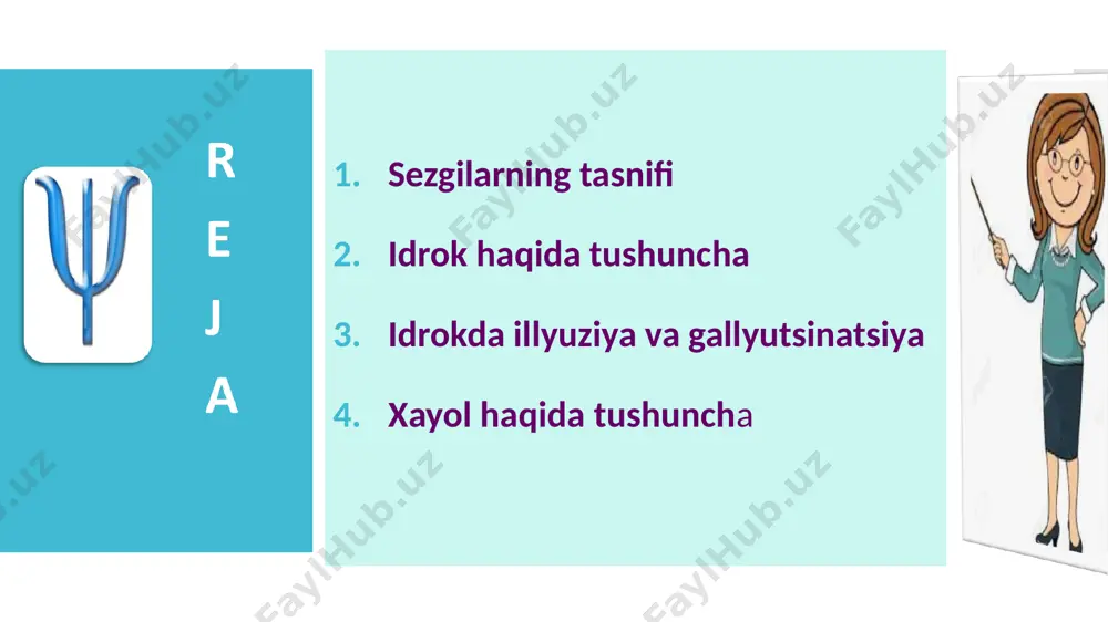 babli narsalarni idrok qilish ham sezgilardan ajralgan holda voqye bo’lishi mumkin emas. idrok-deb sezgi a’zolariga bevosita ta’sir etib turgan narsa-hodisalar obrazlarini kishi ongida bir butun holda aks ettirilishiga aytiladi. appersepsiya – idrok jarayonini shaxsning oldingi bilimlari, shaxsiy va ijtimoiy tajribalari, qiziqishlari, motivasiyasi, ehtiyojlari va odatlari, umuman ruhiy hayotining barcha mazmuni bilan belgilanishidir. idrokning konstantligi deganda, biz idrok qilishdan ongimizda hosil bo’lgan obrazning real voqelikdagi bizga ta’sir etib turgan narsaning tabiiy holatiga har jihatdan mos bo’lishini tushunamiz. illyuziya – bizga ta’sir qilayotgan narsalarni yanglish idrok qilish demakdir. odatda ikki xil illyuziya farqlanadi: a) ob’ektiv illyuziya; b) sub’ektiv illyuziya. ob’ektiv illyuziya – hamma odamlar uchun umumiy xarakterga ega bo’lib, uni geometrik illyuziya deb ham yuritiladi. ob’ektiv illyuziya biz idrok qilayotgan narsalarning o’zaro bir-biriga ta’siri tufayli yuz beradi. illyuziyaning bu turi har xil geometrik shakllarni idrok qilishda juda yaqqol ko’rinadi. sub’ektiv illyuziyalar odamning ayni chog’dagi hissiy holati bilan bog’liq bo’ladi. boshqacha qilib aytganda, …
