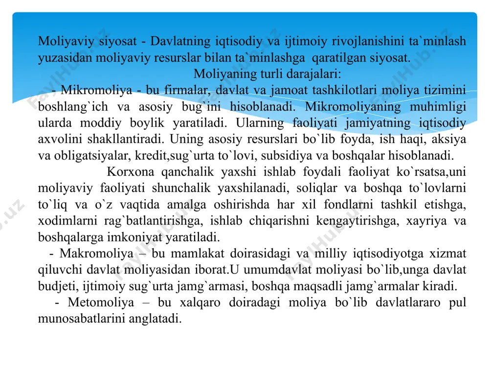 jumladan, ijtimoiy tashkilotlar, kasaba uyushmalari, yoshlar va faxriylar tashkilotlari ,ijodiy uyushmalar, sport jamiyatlari va shu kabilardan iborat bo`lib, ularning moliyaviy resurslari asosan tashkilot azolik badallari,tijorat faoliyatidan olingan daromadlar, xomiylar va xayriya mablag`lari hisobiga tashkil topadi va shu tashkilotlar nizomiga asosan foydalaniladi. ayrim korxona va tashkilotlar moliyasining xususiyatlari mavzuning 5 savolida yoritilgan. davlat budjeti moliya tizimining bosh bug`ini hisoblanadi. u yordamida davlat boshqaruv organlari funksiyalarini taminlash uchun markazlashgan pul fondlari shakllantiriladi va ishlatiladi. davlat budjeti mamlakatning asosiy moliya rejasi hisoblanadi va oliy majlis tomonidan qonun holida tasdiqlanadi. davlat budjeti orqali davlat xalq xujaligi tarakiyotini, ijtimoiy - madaniy tadbirlarni, mudofani,davlat xokimiyati va boshqaruv organlarini saqlash moliyalashtiriladi. budjetdan tashqari jamg`armalar, soliqlar kabi ma`lum maqsadga yunaltirilgan ajratma va ushlovlardan tashkil topadi. budjetdan tashqari jamg`armalar so`mmasining asosiy qismi maxsulot (ish xizmat) lar tannarxiga kiritiladi va u asosan ish haqi fondiga nisbatan foizlarda belgilanadi. budjetdan tashqari maqsadli jamg`armalardan biri pensiya jamg`armasi hisoblanadi.ushbu jamg`armaning shakllanishi va undan …
