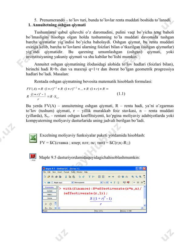 a har bir davrning oxirida to’lov to’lanadi (postnumerando); - to’lovlar renta davrining boshida to’lanadigan rentalar prenumerando deyiladi. moliyaviy oqimlarning umumlashgan xarakteristkalari quyidagilardan iborat: 1. oshgan qiymat. 2. to’lov oqimining hozirgi qiymati. 3. annuitet (lotincha - “yillik tushum”). 4. postnumerando – to’lov turi, bunda to’lovlar renta muddati oxirida to’lanadi. 5. prenumerando – to’lov turi, bunda to’lovlar renta muddati boshida to’lanadi. 1. annuitetning oshgan qiymati tushumlarni qabul qiluvchi o’z daromadini, pulini vaqt bo’yicha teng baholi bo’lmasligini hisobga olgan holda tushumning to’la muddati davomida tushgan barcha qiymatlar yig’indisi bo’yicha baholaydi. oshgan qiymat, bu renta muddati oxiriga kelib, barcha to’lovlarni ularning foizlari bilan o’tkazilgan (oshgan qiymatlar) yig’indi qiymatidir. bu qarzning umumlashgan (oshgan) qiymati, yoki investitsiyaning yakuniy qiymati va shu kabilar bo’lishi mumkin. annuitet oshgan qiymatining ifodasidagi alohida to’lov hadlari (foizlari bilan), birinchi hadi r=b1 dan va maxraji q=1+r dan iborat bo’lgan geometrik progressiya hadlari bo’ladi. masalan: rentada oshgan qiymatning bevosita matematik hisoblash formulasi: (1.1) …