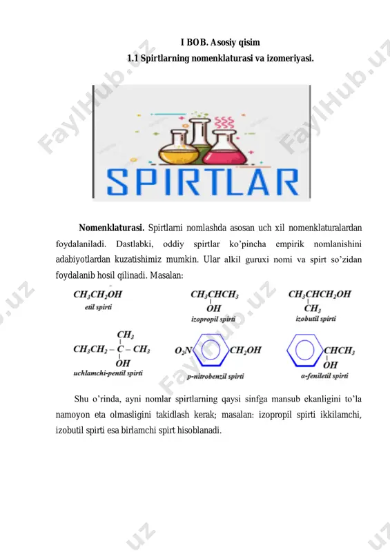 hi mumkin c10h21oh da 507 ta izomer bo’lishi mumkin spirtlarda 2 xil izomeriya kuzatiladi 1) -oh funksianal guruxning holat izomeriyasi 2) zanjir izomeriyasi 1.2. spirtlar haqida umumiy ma’lumot. spirtlar deb — uglevodorod molekulasidagi bir yoki bir necha vodorod atomming mos sonli gidroksil (oh) gruppalarga almashtirilishi natijasida hosil bo’lgan organik birikmalarga aytiladi. molekulasidagi gidroksil gruppalar soniga qarab spirtlar : bir atomli, ikki atomli, uch atomli va ko’p atomlilarga bo’linadi. molekulasi tarkibida bitta gidroksil grappa bo’ladigan spirtlar - bir atomli, ikkita gidroksil grappa bo’ladigan spirtlar - ikki atomli, uchta gidroksil grappa bo’ladigan spirtlar - uch atomli va hokazo. odatda, molekulasida ikki va undan ortiq gidroksil gruppalar bo’ladigan spirtlar ko’p atomli spirtlar deb yuritiladi. bir atomliga : ch3oh, c2h5oh, c3h7oh. ikki atomliga : h2coh-ch3oh, h3c-choh-ch2oh uch atomliga: h2coh-choh-ch3oh gidroksil grappasi bilart bog’langan radikal turiga ko’ra, spirtlar: to’yingan, to’yinmagan, asildik, siklik, aromatik larga bo’linadi. spirtlar gidroksil grappaning molekulada qanday c-atomida joylashganligiga qarab: birlamchi, ikkilamchi …