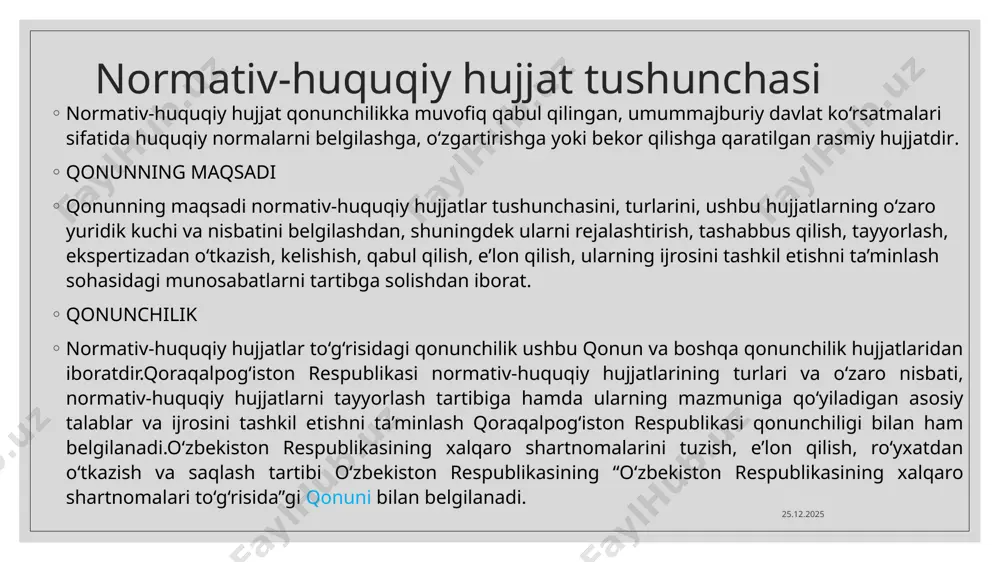 espublikasining “o‘zbekiston respublikasining referendumi to‘g‘risida”gi qonunida belgilangan tartibda o‘tkaziladigan referendum yo‘li bilan normativ-huquqiy hujjatlar qabul qilishi mumkin. 23.11.2022 qonunning prinsiplari 23.11.2022 konstitutsiya viylik jismoniy va yuridik shaxslarning huquqlari hamda qonuniy manfaatlarini davlat v ajamiyat manfaatlarini himoya qilishining ustunligi qonuniylik ilmiylik oshkoralik ijtimoiy munosabatbatlarni huquqiy jihatdan tartibga solishning tizimliligi va komplexsliligi ijtimoiy munosabatlarning huquqiy jihatdan tartibga solishning barqarorligi normativ-huquqiy hujjat turlari 23.11.2022 o`zbekiston respulikasining konstiusiyasi o`zbekiston respulikasining qonunlari o`zbekiston respulikasining oliy majlis palatalarining qarorlari o`zbekiston respulikasining prezidentining farmonlari va qarorlari o`zbekiston respulikasining vazirlar mahkamasining qarorlari vazirliklar,davlat qo`mitalari,idoralar buyruqlari hamda qarorlari mahalliy davlat hokimiyati organlarining qarorlari 17-moddasiga alohida to`xtalamiz! normativ-huquqiy hujjatlar bilan ushbu hujjatlarning tarkibiy qismi bo‘lgan nizomlar, qoidalar, yo‘riqnomalar, reglamentlar, strategiyalar, konsepsiyalar, doktrinalar, dasturlar (“yo‘l xaritalari”) va boshqa hujjatlar tasdiqlanishi mumkin. 23.11.2022 nizom davlat organlari va tashkilotlarning, ular tarkibiy bo‘linmalarining maqomini, asosiy vazifalarini, funksiyalarini, huquq va majburiyatlarini, faoliyatini tashkil etish tartibini, shuningdek u yoki bu sohadagi ijtimoiy munosabatlarni tartibga solish tartibini …