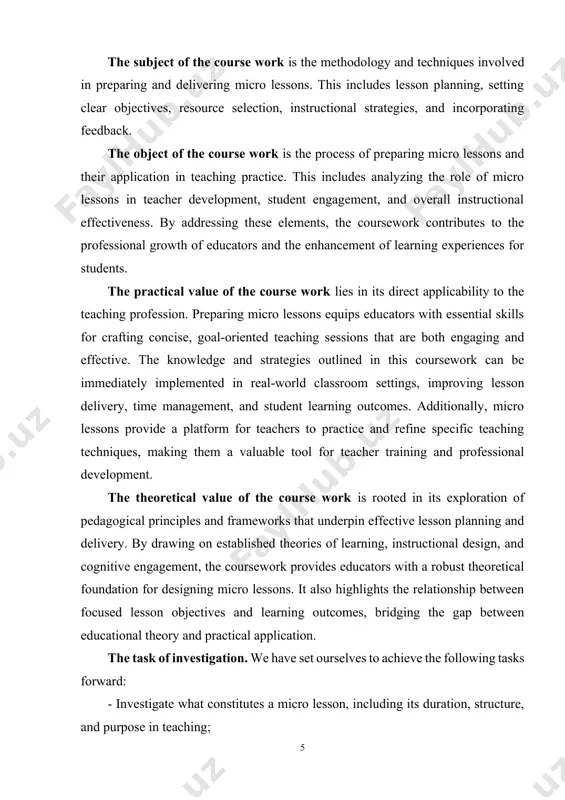 m, reveals the aim, duties, methods of the work. each chapter consists of smaller parts and paragraphs and contains important information and salvation of the pointed duties of the work. chapter i. micro-lessons in modern education in teacher training 1.1. relevance of micro-lessons in modern education micro-lessons have become increasingly significant in modern education due to their focus on efficiency, adaptability, and learner engagement. in today’s fast-paced and dynamic educational environments, both teachers and students benefit from concise, targeted instructional approaches that maximize learning within a short timeframe. micro-lessons are designed to deliver specific learning objectives within a limited time, making them ideal for addressing focused topics or skills. this time efficiency is particularly valuable in classrooms where curriculum constraints or time limitations require educators to prioritize key content. short, focused lessons help maintain students' attention and interest, reducing cognitive overload and boredom. the brevity of micro-lessons aligns with the …