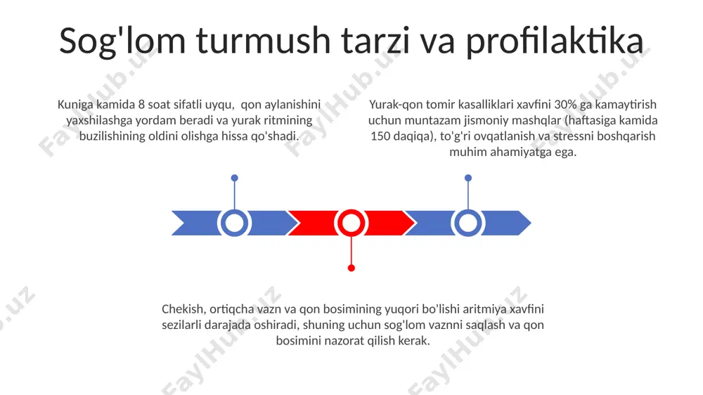 ik dorilar qo'llaniladi, ularning samaradorligi bemorning holatiga bog'liq. ba'zi dorilar, masalan, kalsiy kanal blokerlari, yurak mushagining qisqarish kuchini kamaytirib, aritmiya xurujlarining oldini oladi yoki ularning intensivligini pasaytiradi. dorilar yordamida yurak urishining tezligini 60-100 urish/minut oralig'ida ushlab turishga erishiladi, beta-blokatorlar kabi dori-darmonlar tez yurak urishini kamaytiradi. arimiyaning sabablari ba'zi tug'ma yurak nuqsonlari, masalan, atriyal septal defekt yoki ventrikulyar septal defekt, yurak ritmining buzilishiga, ya'ni aritmiyaga olib kelishi mumkin. yurak mushaklarining elektr faoliyatidagi buzilishlar, masalan, 20% hollarda gipertoniya va 15% hollarda koronar arteriya kasalligi kabi omillar aritmiya rivojlanishiga olib kelishi mumkin. elektrolitlar muvozanatining buzilishi, masalan, kaliy yoki magniy etishmasligi, yurak mushaklarining elektr o'tkazuvchanligiga ta'sir qilib, turli xil aritmiya turlariga sabab bo'lishi mumkin. holter monitoringi yordamida elektrokardiogramma (ekg) ma'lumotlarining keng diapazonini tahlil qilish mumakinda bo'lib, bu aritmiyaning turini va sababini aniqlashda muhim ahamiyatga ega. holter monitoringi natijalari yurak urish tezligining o'zgarishlarini, ekstrasistolalar sonini va turini, shu jumladan 200 dan ortiq yurak urishi (taxikardiya) …