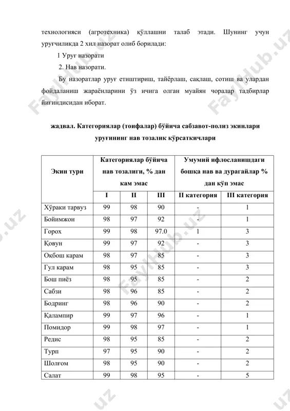 айкалнинг касаллик, зараркунанда ва таъқиқланган бегона ўтлар билан ифлосланишини лаборатория, грунт ва оранжерия нав назоратларини ўз ичига олади. лаборатория нав назорати - лаборатория шароити-да кимёвий усулларда (масалан 10 % naoh ёрдамида) экин уруғининг тахминан нав тозалиги аниқланади. грунт нав назорати – илмий-тадтқиқот институтларида даврий равишда битта навнинг турли элита уруғлари нав тозалигини аниқлаш учун ташкил этилади. оранжерия нав назорати - карамгуллилар тур ва хилларини, хўраки лавлагини бошқа лавлагилардан ифлосланишини 2-3 чинбаргли кўчат ўсимликлари ёшидаёқ аниқлаш учун ўтказилади. апробация деб уруғлик майдонларнинг нав тозали-гини аниқлашга, олинаётган ҳосилнинг уруққа яроқлигини белгилашга айтилади. апроба​ция қишлоқ ва сув хўжалиги вазирлиги томонидан тасдиқланган махсус қўлланмага мувофиқ агроном-апробатордар томонидан ўтказилади. уни ҳосилни йиғишгача ўтказиладиган ҳосилдорликни чамалаб аниқлашдан (прогнозлашдан) фарқлаш лозим. прогнозлаш учун ёки ҳосилдорликни чамалаш учун кўпчилик экинларда учта кўрсатгични билиш етарли : 1. майдон бирлигидаги ҳақиқий туп сонни, 2. бир тупнинг маҳсулдорлигини, яъни ҳосил элементлар миқдорини, 3. битта меванинг ўртача вазнини. агроном - апробатор апробация …