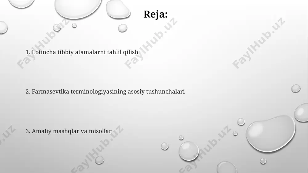 masalan, "āā" (ana, ana) ko'rsatmasi 2 dona degan ma'noni anglatadi va ko'pincha 18-asr evropa farmatsevtika retseptlarida, xususan, italiya va frantsiyada uchragan. farmasevtika terminologiyasining asoslari darslikda 20 ga yaqin dorilarning kimyoviy formulalari va ularning xalqaro nomenklaturadagi (inn) nomlari, shuningdek, samarqand farmatsevtika zavodlarida ishlab chiqariladigan preparatlar misollari keltirilgan. kurs materiallari 3 ta asosiy bo'limdan iborat bo'lib, ulardan biri 12 ta muhim kasalliklarni davolashda qo'llaniladigan farmatsevtik preparatlarning lotincha nomlarini o'rganishga bag'ishlangan. "farmasevtika terminologiyasining asoslari" kursi 50 dan ortiq farmatsevtika atamalarini o'z ichiga oladi, jumladan, 15 ta lotincha ildiz va qo'shimchalarni, shuningdek, toshkentdagi tibbiyot universitetlarida qo'llaniladigan amaliy misollarni o'z ichiga oladi. e'tiboringiz uchun rahmat @taqdimot_robot image1.png image2.png image3.png