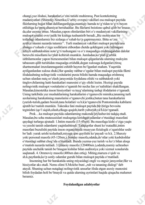 ganini ko‘ramiz. shatton volandning varvetida ko‘rsatgan tomoshosidan keyin teator moliya direktori huzuriga administrator varenuxa kirib keladi stepan lixodesivning ko‘rsatgan karomatlari haqida hikoya qilib beradi.,,administratorning qissasidagi qabohatli tafsilotlar qanchalik hayojonli va yorqinroq bo‘lgan sari moliya direktori unga kamroq ishona boshlaydi. varenuxa stepanning itday qutirib,uni maskvaga olib ketgani brogan odamlarga ham qarshilik qarshilik ko‘rsatgani haqida hikoya qila boshlaganida,moliya direktori yarim kechada qaytib kelgan adminstratorning hamma gaplari yolg‘onligiga batamom ishondi. ha,gaplarining hammasi boshidan oxirigacha g‘irt yolg‘on edi‘‘. muloqotga kirishgan kishi inson hatti-harakatlari,yuz ifodasi,imo-ishoralari bir qator olimlar bilan bog‘liq tarzida namoyon bo‘lishini yaxshi bilishi kerak. ularning ayrimlari barcha uchun unumli va turg‘un mano kasb etgan va muayan so‘z birikmalarida o‘z ifodasini topgan. iboraga aylangan bunday so‘z va so‘z birikmalari hatti-harakatlarni ifodalaydi. masalan, ,,boshini ham qilmoq‘‘, ,,boshini chayqamoq‘‘ ,,qaddini bukmoq‘‘ ,,qaddini dol qilmoq‘‘ ,,musht ko‘rsatmoq‘‘va h.k. insonning ayrim harakatlari va imo ishoralarining uning millati madaniyati va urf odatlari bilan ham bog‘liq bo‘lishi mumkin. masalan,boshni yuqoridan …