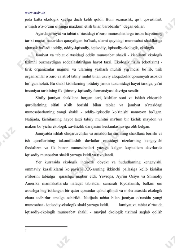 i. yer kurrasida ekologik inqirozli obyekt va hududlarning kengayishi, ommaviy kasalliklarni ko`payishi xx-asrning ikkinchi pallasiga kelib kishilar e'tiborini tabiatga qarashga majbur etdi. yevropa, ayrim osiyo va shimoliy amerika mamlakatlarida nafaqat tabiatdan samarali foydalanish, balkim uni asrashga bag`ishlangan bir qator qonunlar qabul qilindi va o`sha asosida ekologik chora tadbirlar amalga oshirildi. natijada tabiat bilan jamiyat o`rtasida yangi munosabat - iqtisodiy-ekologik shakl yuzaga keldi. jamiyat va tabiat o`rtasida iqtisodiy-ekologik munosabat shakli - mavjud ekologik tizimni saqlab qolish darajasidagi kishilarning tabiiy resurslardan oqilona foydalanish va tabiatni muhofaza qilishga qaratilgan hayot tarzi. tabiiy muhitni inqirozga, ijtimoiy muhitni falokatga olib kelmaslik uchun biz yaqin kelajakda ekologik munosabat shakliga o`tib olishimiz kerak. jamiyat va tabiat o`rtasidagi ekologik munosabat shakli deb biz kishilarni tabiat resurslardan o`ta samarali foydalanishga, qayta tiklash va tabiatni muhofaza qilishga qaratilgan hayot tarzini tushunamiz. bunday hayot tarzi mavjud ekologik tizimni sog`lomlashtirishga olib keladi. ekologik munosabat shaklida davlatning boshqaruv tizimi avvalam bor ekologik nobop …