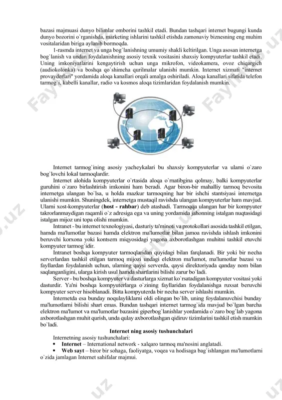 birlashgan akademik tarmog`i (1984 yil). shulardan nsfnetni - internet blackbone yoki "internetning asosi" deb atashadi. tashkil etilgan vaqtda 1980 yilda u 56 kbit-s tezligida axborot uzata olish qobiliyatiga ega edi. 1988 yilda esa unin tezligi 1,544 mbit-s oshdi. 1991-yili nsfnet tarmog`i takommilashtirildi va uzatish tezligi 44.736 mbit-s ga etdi. internetga ulangan kompyuterlar soni 1987 yilda 10 000 bo`lsa, 1989 yilda 100 000 taga etdi, 1995 yilda esa 6,5 million deb hisoblangan. hozirgi kunda esa dunyoning 150 dan ortik mamlakatida 100 milionlab kompyuterlar internetga ulangan bo`lib, har oyda tarmoq abonentlar mikdori 7-10% ortib bormoqda. internet dagi kompyuterlar aksariyati aqsh da joylashgan. 90- yillar internet da xizmat tarmoqlari tashkil qilingan davr bo`ldi. 1990 yili bill xilan, elan emtidj va piter deych archie programmasini ishlab chiqishdi. 1991 yili bryuster kaale wais programmasini tuzdi, minnesota universitetida pol lindner va mark mak-kayl tomonidan gopher programmasi tuzildi. 1992 yilda nevada shtati universitetida yaratilgan veronica sistemasi ishga …