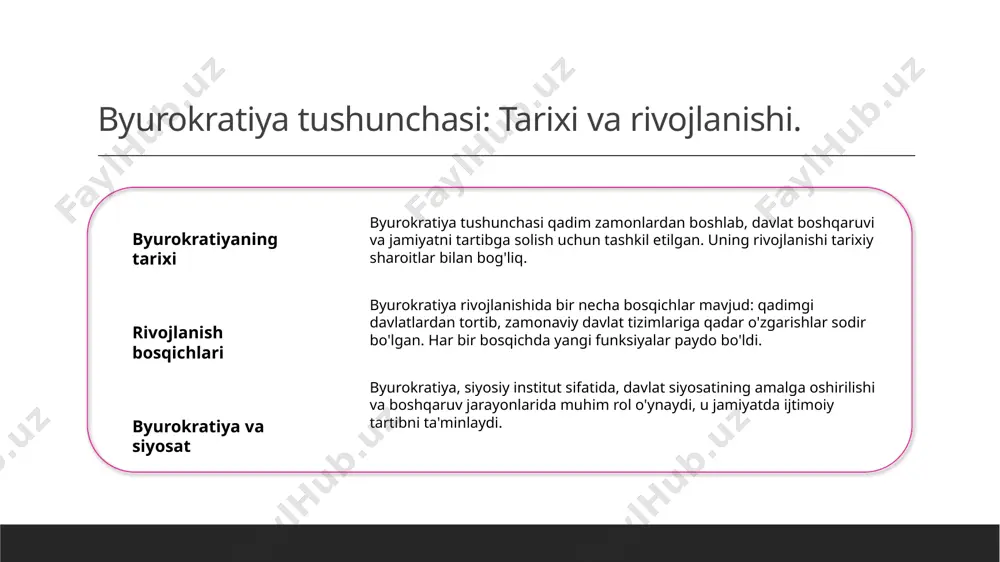atlari. ijtimoiy byurokratiya iqtisodiy byurokratiya siyosiy byurokratiya ijtimoiy byurokratiya, davlat va jamiyat o'rtasidagi aloqalarni tartibga soluvchi mexanizm bo'lib, fuqarolar va davlat organlari orasida muvofiqlikni ta'minlaydi. iqtisodiy byurokratiya, resurslarni taqsimlash va iqtisodiy siyosatni amalga oshirishda muhim rol o'ynaydi, bu esa bozor iqtisodiyotining samaradorligini oshiradi. siyosiy byurokratiya, davlat boshqaruvi va siyosiy qarorlarni qabul qilishda muhim ahamiyatga ega, bu esa davlatning barqarorligini va fuqarolar ishtirokini oshiradi. byurokratiya funksiyalarining muhimligi va ta'siri. 1 byurokratiya va tartib byurokratiya, ijtimoiy tartibni saqlashda muhim rol o'ynaydi, bu esa normativ qoidalar va protseduralar orqali amalga oshiriladi. 2 qaror qabul qilish byurokratiya, davlatda qaror qabul qilish jarayonlarini strukturaga solish orqali samaradorlikni oshiradi va siyosiy muammolarni hal qilishda yordam beradi. 3 resurslarni taqsimlash byurokratiya, davlat resurslarini samarali taqsimlashda muhim vazifani bajaradi, bu esa iqtisodiy barqarorlikni ta'minlashga yordam beradi. 4 fuqarolar bilan aloqalar byurokratiya, fuqarolar bilan davlat o'rtasidagi aloqalarni mustahkamlab, xizmatlarni taqdim etishda va jamiyatda ishonchni oshirishda muhim ahamiyatga ega. byurokratiya …