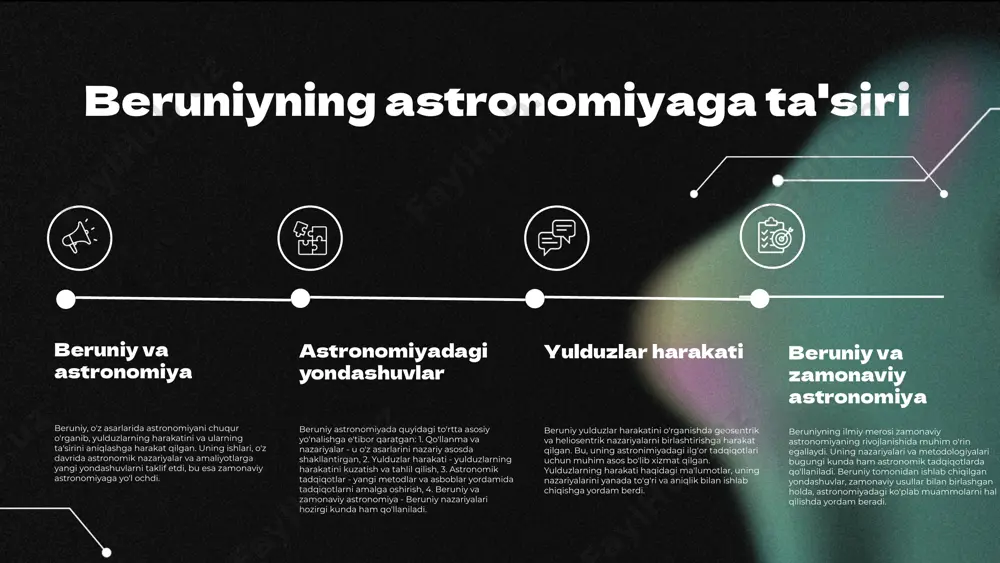 texnologiyalar va ma'lumotlar tahlilida qo'llanilmoqda. beruniyning ilmiy merosi orqali yangi texnologiyalar va yondashuvlar: - beruniyning geodeziya va astronomiyaga oid asarlari zamonaviy xaritalash va navigatsiya tizimlarini ishlab chiqishda qo'llaniladi. - u tomonidan kiritilgan matematik formulalar va hisob-kitoblar, zamonaviy ilmiy tadqiqotlar va muhandislikda asosiy ahamiyatga ega. photo by irvan smith on unsplash beruniy merosining ta'limdagi ahamiyati beruniy merosi ta'lim jarayonida alohida ahamiyatga ega. uning asarlari o'quvchilarga ilmiy fikrlash va tajriba asosida o'rganish imkonini beradi. beruniy asarlaridagi metodologik yondashuvlar, masalan, tajriba va kuzatishga asoslangan o'qitish usullari, zamonaviy ta'limda qo'llanilishi kerak. shu bilan birga, beruniy merosi zamonaviy ta'lim tizimida innovatsiyalarni rivojlantirish va o'quvchilarda o'z-o'zini rivojlantirish ko'nikmalarini shakllantirishda muhim rol o'ynaydi. beruniy asarlarini o'qitish jarayoni o'qitishda beruniy asarlarini qo'llash beruniy asarlarini o'qitishda, ularning ilmiy ahamiyatini tushunish muhimdir. bu asarlar talabalar uchun o'z bilimlarini kengaytirish vositasi sifatida xizmat qiladi. talabalar uchun beruniy asarlaridan o'rganish imkoniyatlari talabalar beruniy asarlarini o'rganish orqali tarixiy va ilmiy kontekstni tushunib, zamonaviy …