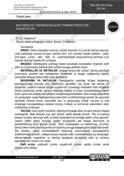 maktabgacha yoshdagi bolalar o‘yinining psixologik xususiyatlari — PDF
