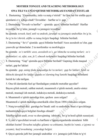 ona tili va uni o‘qitish metodikasi fanidan testlar — DOCX