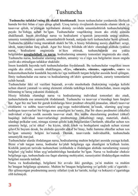 nomuhim belgiga aylanishi yoki aksincha bo’lishi.mumkin. biz hayotda qo’llaydigan turli xil tushunchalarni hosil qilish uchun ularning muhim va umumiy belgilarini topishimiz lozim. bunda turli mantiqiy usullardan foydalaniladi. mantiqiy usullarga: taqqoslash, analiz va sintez, abstraktsiyalash, umumlashtirish kabilar kiradi. kishilar qadim davrlardan ushbu mantiqiy usullardan foydalanib, tushunchalar hosil qilganlar. taqqoslash – tushuncha hosil qilishning mantiqiy usulidir. olamdagi narsa va hodisalarni bilish, tushunish dastlab taqqoslash asosida boradi. taqqoslash shunday mantiqiy usulki, uning yordamida ob’ektiv dunyodagi narsa va hodisalar orasidagi o’xshashlik yoki farqlar aniqlanadi. taqqoslash natijalari chin bo’lishi uchun quyidagilarni hisobga olish lozim: a) hamma vaqt ham haqiqatda, bor o’zaro real bog’lanishda bo’lgan buyumlarni taqqoslash lozim; b) taqqoslash chin bo’lishi uchun, qanday belgiga ko’ra taqqoslashimiz oldindan ma’lum bo’lishi.shart; v) hamma vaqt ikki yoki bir necha buyumni bir umumiy belgi asosida, aynan bir nisbatda taqqoslash.kerak; g) har qanday taqqoslash tasodifiy, duch kelgan belgilarga qarab emas, balki taqqoslanadigan buyumlar uchun muhim ahamiyatga ega bo’lgan belgilar asosida …