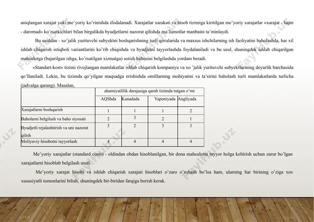 ni bilish, shuningdek bir-biridan farqiga borish kerak. me’yoriy xarajatlar va byudjet xarajatlari orasida kontseptual farq yo’q. nazariy jihatdan olib qaraganda ular bir xil aniqlanadi. lekin, amaliyotda «me’yoriy xarajatlar» atamasi, odatda tugallangan maxsulot biriligiga tegishli, «byudjet xarajati» esa umumiy miqdorga bog’liq bo’ladi. «standart-kost» tizimidan foydalanishning asosiy yutug’i iqtisodiy hisobotni o’z vaqtida va tahliliy jihatdan qulay tarzda yozib borishdir. boshlanishda me’yorlardan foydalanish hisobotni olib borish uchun haqiqiy chiqimlarni hisoblash tizimiga ko’ra katta xarajat kerak bo’ladiganga o’xshaydi. lekin, me’yoriy xarajatlarni qo’llash hisobga olishni soddalashtiradi. masalan, materiallar (turli narxli partiyalar) haqidagi bir oydagi ma’lumotlarni qo’shib yig’ish mumkin, shuningdek har bir ishchi tomonidan aniq bir mahsulotni ishlab chiqarish uchun sarflanishi lozim bo’lgan vaqt miqdorini belgilash va umuman barcha to’g’ri mehnat xarajatlari me’yorini avvaldan aniqlash mumkin. «standart-kost» tizimidan foydalanilganda individual me’yorlarni o’rnatish (tuzish)dagina qo’shimcha xarajatlar paydo bo’ladi, lekin bunday qo’shimcha xarajatlar miqdori juda kam bo’ladi. ko’pchilik me’yorlar oylar bo’yicha va xatto yillar davomida o’zgarishsiz qo’llaniladi. uni …