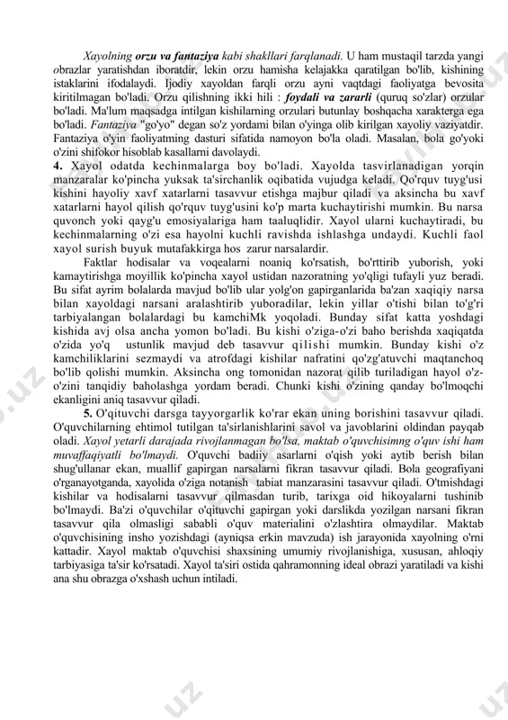 oki aks ettirishlar (masalan, chizmalar, sxemalar vhk.) asosida paydobo'ladi. biz kitob o'qir ekanmiz, tabiat manzarasi yoki voqealarni tasavvur qilamiz, yozuvchi tasvirlagan obrazni fikran ko'ramiz. o'quvchi tarixni o'qir ekan o'z xayolida uzoq o'tmish gavdalanadi. ijodiy xayol obrazlarni ( albatta, ilgarigi idroklar asosida) mustaqil ravishda yaratishdan iboratdir. bu xayol kishining ijodiy faoliyati bilan bog'langan. xayolning ana shu turi esga tushiradigan xayoldan murakkabroqdir. olim, ixtirochi, konstruktoming va umuman biror yangi, original narsani yaratmoqchi har qanday kishining faoliyatini ijodiy xayolsiz tasavvur qilib bo'lmaydi. 3. insoniyat taraqqiyotining boshlaridanoq kishilar o'z ehtiyojlarini qondirish maqsadida yangi narsalarni o'ylab topganlar. odamlar qo'llari bilan ishlar ekanlar, engoddiy mehnat qurollarini ixtiro qilganlar, bu qurollar qo'llar vazifasini tezroq va yaxshiroq bajargan. ayrim san'at asarlari predmetlardan bir hil xususiyatlar va hossalarni ajratib olish va ularni yangidan birlashtirib, uyg'unlashtirish yo'li bilan hosil qilingan. bu timsollarni sintezlashning eng sodda shakli agglyutinatsiya (lot. agglutinare-yopishtirmoq, yelimlamoq) bo'lib, kundalik hayotda birlashtirib bo’lmaydigan turli sifatlarni birlashtirib, muayyan tasavvurlarni …