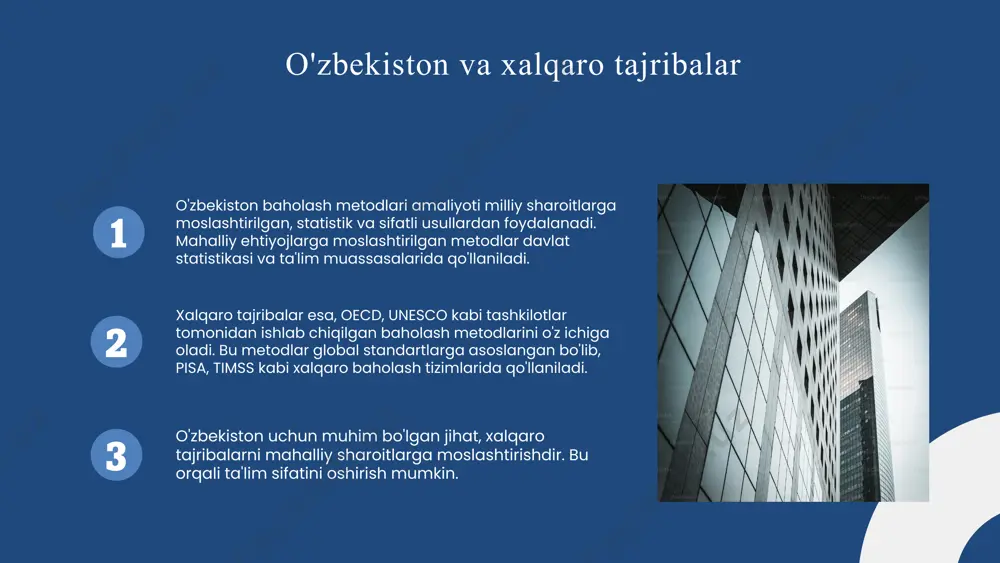 ning muvaffaqiyat darajasini ko'rsatadi. natijalar statistik tahlil, kuzatuv, test va amaliy ishlar yordamida baholanadi. bu jarayon yordamida muhim xulosalar chiqariladi va o'qitishni yaxshilash uchun asos bo'ladi. olingan natijalar asosida tavsiyalar ishlab chiqiladi. bu tavsiyalar kelajakda ta'lim sifatini oshirish va o'quv jarayonini optimallashtirish uchun qabul qilinadi. xalqaro baholash dasturining ahamiyati xalqaro baholash dasturlari, masalan, pisa, timss va pirls, ta'lim sifatini baholashda muhim rol o'ynaydi. bu dasturlar global miqyosda ta'lim tizimlarining darajasini aniqlashga yordam beradi va davlatlarning ta'lim siyosatini shakllantirishda asosiy manba bo'lib xizmat qiladi. o'zbekiston uchun xalqaro baholash dasturlari ta'lim sifatini baholashda muhim ahamiyat kasb etadi. bu dasturlar yordamida mamlakat ta'lim tizimining kuchli va zaif tomonlarini aniqlash, ta'lim sifatini oshirish uchun strategiyalar ishlab chiqish mumkin. bu muvaffaqiyat uchun muhimdir. xalqaro baholash dasturlari ta'lim sohasida raqobatni oshiradi, o'qituvchilar va muassasalar uchun motivatsiya yaratadi. bu yordam bilan ta'lim jarayonining samaradorligini oshirish va innovatsiyalarni joriy qilish mumkin. bu dasturlar ta'limni xalqaro standartlarga moslashtirishda muhim. …