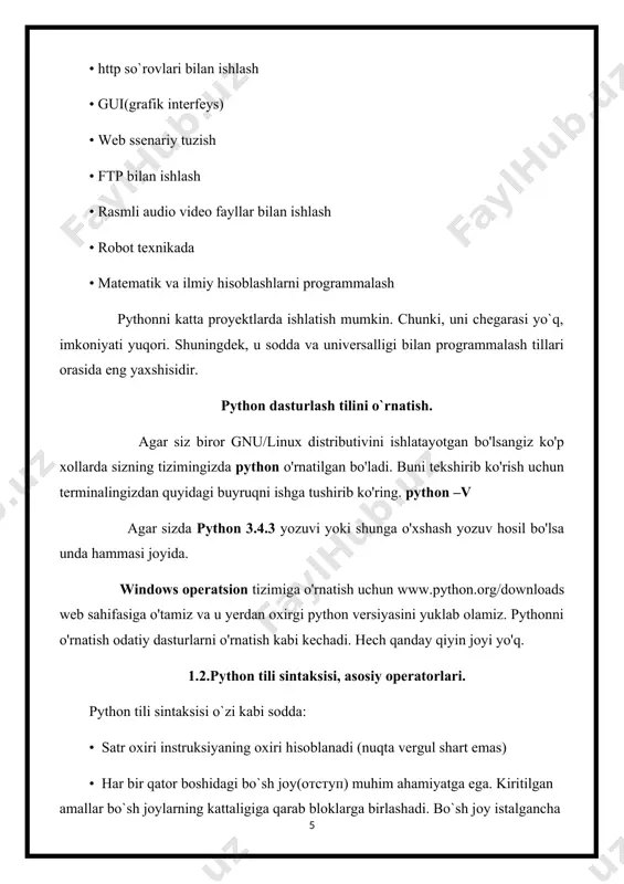 ) o’zgaruvchi (variable) o'zgaruvchi —kompyuter xotirasida ma'lum bir qiymatni saqlash uchun ajratilgan joy. soddaroq qilib tushuntirsak, o'zgaruvchini quti, quti ichidagi narsani esa qiymat deb tasavvur qilish mumkin. pythonda qiymatlar son, matn, ro'yxat va hokazo ko'rinishida bo'lishi mumkin. o’zgaruvchilarni nomlash 1-amaliy topshiriq 1. foydalanuvchi kirgan sananing hafta kuni. · foydalanuvchi kiritgan sananing qaysi hafta kuniga to'g'ri kelishini aniqlang (1-7). dastur algoritmi: 1. import qilish: dasturda datetime modulidan foydalaniladi, shu sababli import datetime orqali uni dasturga kiritamiz. 2. foydalanuvchidan kiritish: foydalanuvchidan yil, oy va sanani so'raydi. uchta input() funksiyasi orqali yil, oy va sana kiritiladi va ularning qiymatlari int() bilan butun sonlarga aylantiriladi. 3. sana obyektini yaratish: foydalanuvchidan olingan yil, oy va kun qiymatlari asosida datetime.date() yordamida sana obyektini hosil qiladi. 4. hafta kunini aniqlash: sana obyekti yordamida date.weekday() funksiyasi orqali hafta kunini (0-6 oralig'ida) aniqlaydi. ushbu funksiya dushanbani 0 deb hisoblaydi. hafta kuniga +1 qo'shilib, foydalanuvchi uchun aniqroq (1-7 oralig'ida) kun …