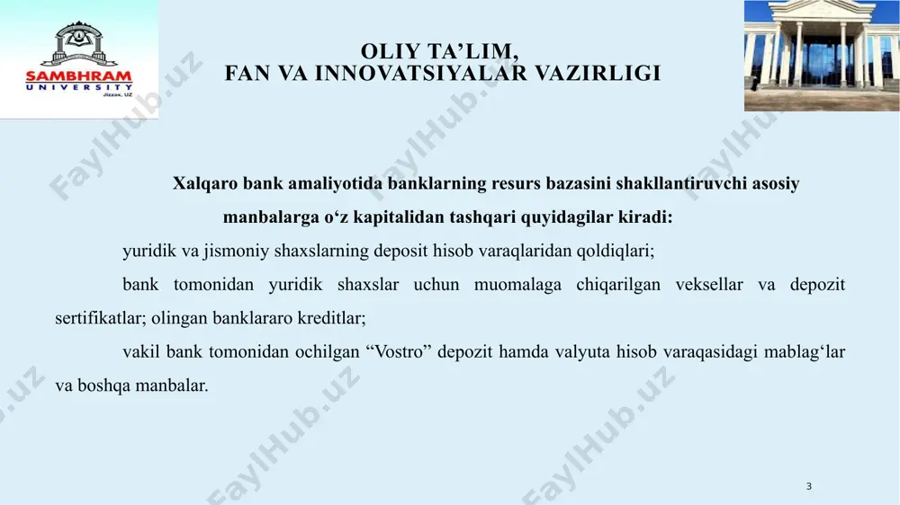 atsiyalarini o‘tkazish uchun kerakli material – texnik bazaga ega bo‘lishi (kassa, sklad, hisob-kitob markazi) lozim va boshqalar. 8 oliy ta’lim, fan va innovatsiyalar vazirligi valuta operatsiyalarini o‘tkazish uchun beriladigan litsenziyalar uch xil bo‘ladi: a). ichki valuta litsenziyasi; xorijiy banklar bilan korrespondentlik aloqalarini o‘rnatmay turib, tijorat banklari orqali valuta operatsiyalarini o‘tkazish huquqini beradi; b). kengaytirilgan valuta litsenziyasi: ma’lum miqdordagi xorijiy banklar bilan korrespondentlik aloqalarini o‘rnatish huquqini beradi; d) bosh (генеральная) litsenziya: hamma turdagi valuta operatsiyalarini o‘tkazish va xorijiy banklar bilan vakillik aloqalarini o‘rnatish huquqini beradi. banklar quydagi valuta operatsiyalarini o‘tkazadilar: valutani sotish va sotib olish; mijozlar valuta schotini yuritish va depozitlarga valuta mablag‘larini jalb qilish; valutada xalqaro hisob-kitoblar; valutada kreditlar berish va boshqalar. 9 oliy ta’lim, fan va innovatsiyalar vazirligi xalqaro valyuta jamg‘armasi 1945 yilda tashkil topgan bo‘lib, xalqaro valyuta tizimining rivojlanishini hamda 189 ta a'zo mamlakatning iqtisodiy va moliyaviy siyosatini qo‘llab-quvvatlaydi. xalqaro valyuta fondi to‘lov balansining joriy yoki potensial qiyinchiliklariga …