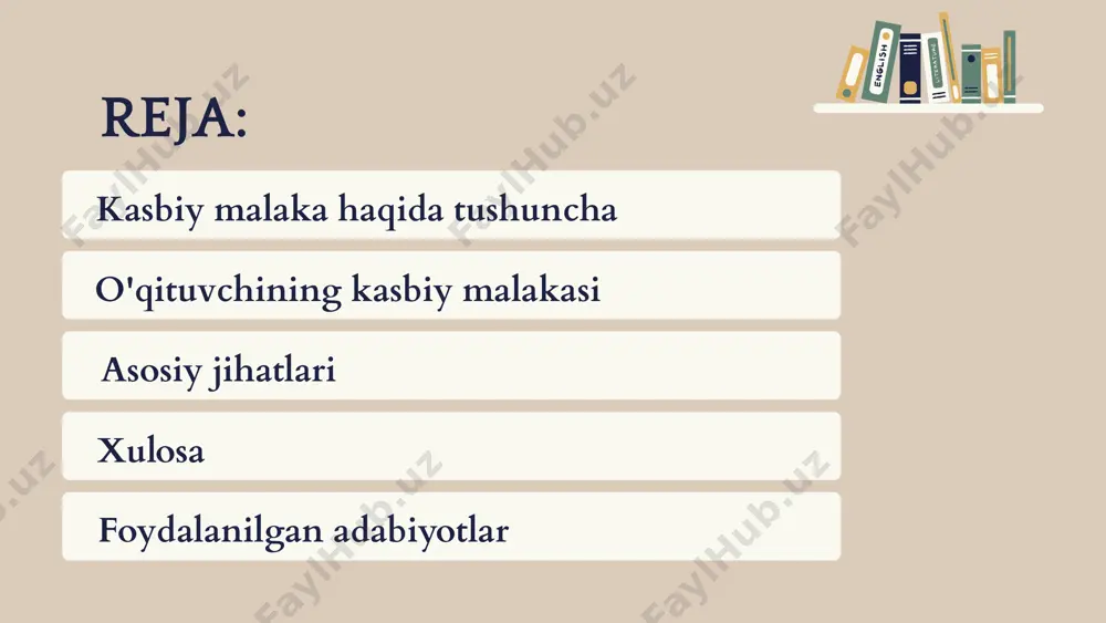 sh va ularning savollariga javob berishni o'z ichiga oladi. zamonaviy ta'limda texnologiyalarni qo'llash muhim ahamiyatga ega. tajriba muloqot ko'nikmalari texnologik ko'nikmalar asosiy jihatlari pedagogik mahorat tizimi quyidagi o ‘zaro bir-biri bilan bog'liq bo‘lgan asosiy komponentlardan iborat: 1. pedagogik insonparvarlik talablariga bo‘ysunishi. 2. kasbga oid bilimlarni boshqa fanlar bilan aloqadorlikda mukammal bilish. 3. pedagogik qobiliyatga ega bo'lish. 4. pedagogik texnika sirlarini puxta egallash. “o 'z kasbining mohir ustasi bo'lgan, yuksak darajada madaniyatli, o'z fanini chuqur biladigan, yondash fanlar sohalarini yaxshi tahlil eta oladigan, .tarbiyalash va o‘qitish uslubiyatini mukammal egallagan mutaxassis”. ushbu ta’rifhing mohiyatidan kelib chiqib o'qituvchining pedagogik mahorati tushunchasi mazmunini shunday izohlash mumkin: 1. madaniyatning yuqori darajasi, bilimdonlik va aql-zakovatning yuksak ko'rsatkichi. 2. o 'z faniga doir bilimlarning mukammal sohibi. 3. pedagogika va psixologiya kabi fanlar sohasidagi bilimlarni puxta egallaganligi, ulardan kasbiy faoliyatida foydalana olishi. 4. o'quv - tarbiyaviy ishlar metodikasini mukammal bilishi. xulosa: shunday qilib, pedagogik mahorat egasi bo'lish uchun …