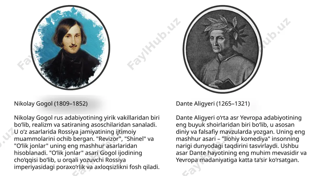 – asarning bosh qahramoni va muallifi, sayohat qiluvchi shaxs. vergiliy – dantega doʻzax va aʼrofda yoʻlboshchi boʻladigan qadimgi rim shoiri. beytriche – dante sevgan ayol, u jannatda paydo boʻlib, danteni oliy haqiqat sari yoʻnaltiradi. "oʻlik jonlar" asarida kulminatsiya chichikovning fosh bo‘lishi va sharmanda bo‘lishi bilan yuzaga keladi. u o‘z rejasini amalga oshirishga juda yaqin bo‘lsa-da, oxir-oqibat chuv tushadi. "ilohiy komediya" asarida esa kulminatsiya dante jannatda xudoning ilohiy nuri bilan yuzlashgan paytda sodir bo‘ladi. bu lahza inson ruhining to‘liq poklanishi va ilohiy haqiqatni anglashini ifodalaydi. "oʻlik jonlar" asarida chichikov tantanali kiyingan, lekin ich-ichidan chirigan inson sifatida tasvirlanadi. boshqa obrazlar ham tashqi ko‘rinishiga qarab ularning xatti-harakatlari haqida tushuncha beradi. "ilohiy komediya" asarida dante oddiy sayohatchi sifatida tasvirlanadi. beatricha esa nur sochib turuvchi, ilohiy poklikni ifodalovchi timsol sifatida beriladi. "oʻlik jonlar" asarida chichikov tantanali kiyingan, lekin ich-ichidan chirigan inson sifatida tasvirlanadi. boshqa obrazlar ham tashqi ko‘rinishiga qarab ularning xatti-harakatlari haqida tushuncha beradi. "ilohiy …