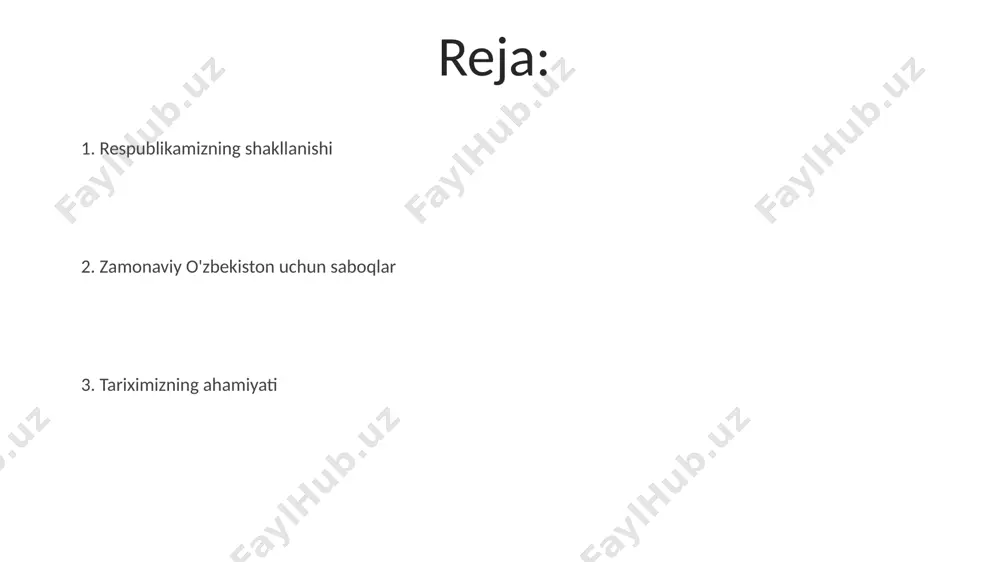 rat bo'lgan konstitutsiya fuqarolarning huquq va erkinliklarini kafolatlaydi va davlat hokimiyatining taqsimlanishini belgilab beradi. mustaqillik uchun kurash 1-dekabr, 1991-yil o'zbekiston respublikasining mustaqilligi e'lon qilinganidan keyin ham, mustaqillikning mustahkamlanishi uchun ijtimoiy-siyosiy kurash davom etdi va iqtisodiy islohotlar amalga oshirildi. o'zbekiston mustaqilligi uchun kurashda "adolat", "erk" kabi milliy demokratik harakatlar muhim rol o'ynadi, ularning a'zolari 20 yildan ortiq qamoq jazosini o'tadilar. respublikaning rivojlanishi respublikaning dastlabki yillarida 1991-yildan 1995-yilgacha bo'lgan davrda iqtisodiy islohotlarning amalga oshirilishi va bozor munosabatlariga o'tish jarayoni katta qiyinchiliklar bilan kechadi. o'zbekiston respublikasining konstitutsiyasi 1992-yil 8-dekabrda qabul qilingan bo'lib, u davlatning siyosiy tuzumini, inson huquqlarini va fuqarolar erkinliklarini mustahkamladi. e'tiboringiz uchun rahmat @taqdimot_robot image4.jpg image5.jpg image6.jpg image7.jpg image8.jpg image9.jpg image10.jpg image1.jpeg image2.jpeg