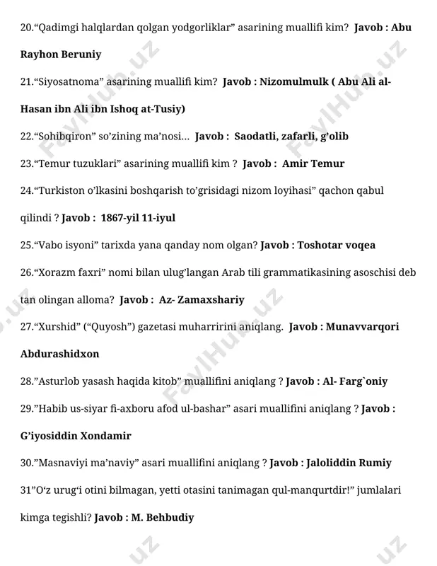 adi? javob : baxouddin roziy 39.1224—1242-yillarda markaziy osiyoda hukmronlik qilgan hukmdorni aniqlang. javob: сhig’atoy 40. 1230-yil 10-avgustda qaysi shahar yaqinidagi jangda jaloliddin manguberdi kuchlari mag‘lubiyatga uchradi. javob : azinjon yaqinidagi jangda 41.1238-1289 yillarda movorounnahrga noiblik qilgan shaxsni aniqlang. javob : masudbek 42.1346-yili chig‘atoy ulusi xoni qozonxon kim tomonidan o’ldirilgan? javob : amir qazogon 43.1451-yida temuriy shahzodalar abu said bilan mirzo abdulla o‘rtasida jang qayerda bo‘lgan? javob : bulung’ur 44.1583-yilgacha buxoro xonligi taxtiga nomigagina bo’lsada ... o’tirgan. javob : abdullaxon ii 45.1711-1747-yillarda hukmronlik qilgan ashtarxoniy hukmdorni aniqlang javob : abulfayzxon 46.1766-1801-yillarda hukmronlik qilgan qo’qon hukmdorini aniqlang javob : norbo`tabiy 47.1852-yil 9-oktabr — qurbon hayiti kuni u toshkentdan chaqirilgan qo'shin bilan qipchoqlar qirg‘inini uyushtirgan hukmdorni aniqlang. javob : xudoyorxon 48. 1867-yil iyul oyida tashkil etilgan turkiston general-gubernatorligi dastlab qaysi viloyatlardan tashkil topgan edi? javob: sirdaryo, yettisuv, samarqand, farg’ona va zakaspiy 49. 1884-yilda dastlabki rus-tuzem maktabi qayerda ochilgan? javob: toshkentda 50. 1885-1892-yillarda rossiya …