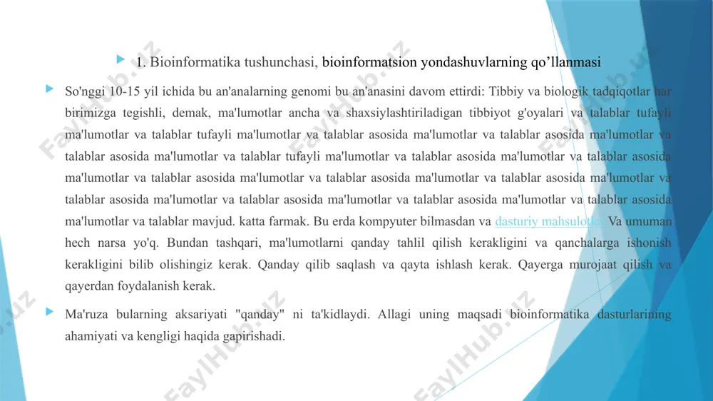 nukleotidlarning qo'shimchalari va ularni olib tashlash (olib tashlash). bunday tekislash variantlaridan biri bu ketma-ketlik jarayonida qo'llaniladi. fraktsion izlanish texnikasi genetik tadqiqotlar instituti, yadlotidlarning to'liq ketma-ketligi o'rniga birinchi bakterial genomni dekodlash (ketma-ketligi) tomonidan ishlatilgan parchalarning uchlari bir-birlariga juda katta va bir kombinatsiyani birlashtiradi, bu to'liq genomni beradi. ushbu usul tezda ketma-ket natijalar beradi, ammo parchalar yig'ilishi katta genomlar uchun juda qiyin vazifa bo'lishi mumkin. inson genomini ochish loyihasida yig'in bir necha oylik kompyuter vaqti keldi. endi bu usul barcha genslar uchun ishlatiladi va genome anjumati algoritmlari bugun biologikformatikalarning eng jiddiy muammolaridan biridir. genetik ketma-ketlikni kompyuter tahlil qilishning yana bir namunasi - bu genomdagi genlar va me'yoriy-ketma-ketlikni qidirish. genomdagi barcha nukleotidlar oqsil ketma-ketligini belgilash uchun ishlatiladi. yuqori organizmlarning jinsi qismida yirik dnk segmentlari oqsillarni kodlamaydi va ularning funktsional roli noma'lum. genom-kodlash oqsillarini aniqlash uchun algoritmlarni ishlab chiqish muhim vazifa zamonaviy bioinformatika. bioinformatika genomik va protleoma loyihalari derali ketma-ketlikda oqsillarni aniqlashga yordam beradi. …