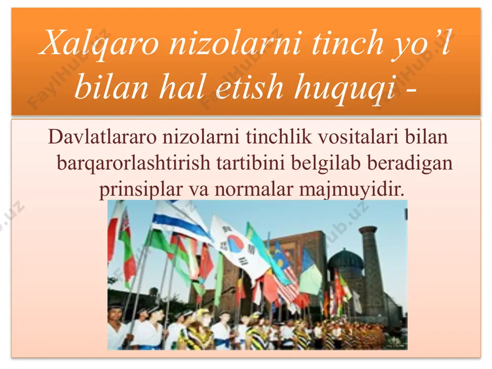 tomonning nizolashayotgan tomonlar o’rtasida bevosita aloqa o’rnaish borasidagi faoliyatdir. xayrli xizmatlar davlat, uning mansabdor shaxsi, xalqaro organ yoki tashkilot, ularning mansabdor shaxslari , nufuzli xususiy shaxs tomonidan ko’rsatilishi mumkin. vositachilik - nizoni hal etish yo’llaridan biri bo’lib, bunda uchinchi tomon nizolashayotgan tomonlarni o’zaro da’volar bo’yicha kelishtirish va ularga ma’qul keladigan takliflarni kiritish uchun muzokaralardaishtirok etadi. nizo negizida yotgan faktlarni, xususan, bitimlarni buzish faktlarini aniqlash zarurati yuzaga kelganda qo’llaniladigan protsedura hisoblanadi. bunday hollarda, odatda, tomonlarning teng sonli vakillaridan iborat qo’shma komissiya tuziladi. ba’zan komissiyaga uchinchi tomon vakillari ham kiritiladi. faktlarning aniqlanishi- sulh (murosa protsedurasi) o’zida faktlarning aniqlanishi va vositachilikni birlashtiradi. odatda, sulhni murosa komissiyasi amalga oshiradi. bunday komissiya xalqaro nizo predmetini aniqlaydi, tegishli ma’lumotlarni to’playdi va tomonlarni kelishtirishga intiladi. komissiya o’z faoliyati natijalari haqida nizolashayotgan tomonlarni xabardor qiladi. image1.jpeg image2.jpeg image3.jpeg image4.wmf image5.jpeg image6.jpeg image7.jpeg image8.jpeg