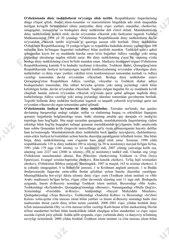 ruv organi tuzilishi mumkinligi haqidagi qoida mutahkamlab qo'yildi. shuningdek, tegishli diniy ma'lumotga ega bo'lgan o'zbekiston fuqarolari diniy tashkilotlarning rahbarlari etib saylanishlari, bunday lavozimga xorijiy fuqarolar nomzodlari vazirlar mahkamasi huzuridagi din ishlari bo'yicha qo'mita bilan kelishib olinishi belgilab qo'yildi8. qonunning 9-moddasiga muvofiq diniy tashkilotlarning markaziy boshqaruv organlari ruhoniylar va o'zlariga zarur bo'lgan diniy xodimlar tayyorlash uchun diniy o'quv yurtlari tuzishga haqlidir. qonunning 5-moddasida bir konfessiyadagi dindorlarni boshqasiga kiritishga qaratilgan xatti-harakatlar (prozelitizm), shuningdek, boshqa har qanday missionerlik faoliyati man etiladi. ushbu moddaning mazmuni va ahamiyatini tushunish uchun missionerlik va prozelitizm nima ekanini bilib olish kerak. missionerlik – bu boshqa diniy e'tiqodga ega bo'lgan aholini o'z diniga og'dirib olishlik bo'yicha diniy tashkilotlar vakillari tomonidan amalga oshirilayotgan faoliyat. prozelit – bu o'z dinidan kechib, boshqa dinga o'tgan odam. qonunning 16-moddasiga asosan: “diniy tashkilotlar uchun er ajratish hamda ibodat binolari qurish tegishli ravishda qoraqalpog'iston respublikasi vazirlar kengashi, viloyatlar va toshkent shahar hokimliklari, shuningdek o'zbekiston respublikasi …