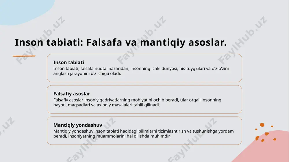 bog'langan va bir-birini to'ldiradi. zamonaviy ta'sirlar hozirgi kunda o'zbek falsafasi, globalizatsiya va zamonaviy muammolar bilan yuzma-yuz kelmoqda, bu esa uning rivojlanishiga yangi yo'nalishlar kiritmoqda. o'zbek madaniyatidagi insoniy qadriyatlar va ularning roli. 1 o'zbek madaniyatining asosi o'zbek madaniyati insoniy qadriyatlar asosida shakllangan bo'lib, oilaviy va ijtimoiy aloqalar muhim ahamiyatga ega. 2 an'anaviy qadriyatlar o'zbek an'analarida mehmondo'stlik, samimiylik va o'zaro yordam ko'rsatish kabi qadriyatlar keng tarqalgan bo'lib, jamiyatni birlashtiradi. 3 zamonaviy ta'sirlar globalizatsiya jarayonida o'zbek madaniy qadriyatlari yangi muammolar bilan to'qnashmoqda, bu esa ularni saqlash va rivojlantirishni taqozo etadi. o'zbek falsafasi va zamonaviy dunyo: o'zaro ta'sir va muammolar. o'zbek falsafasi tarixi o'zbek falsafasi tarixiy rivojlanish jarayonida turli madaniyatlar bilan o'zaro ta'sirda bo'lgan, bu esa uning boyligini va xilma-xilligini oshiradi. zamonaviy muammolar bugungi kunda o'zbek falsafasi zamonaviy muammolarni hal etishda muhim ahamiyat kasb etadi, xususan, etik va ijtimoiy masalalarda yangi yondashuvlarni taklif etadi. madaniyatlararo aloqalar o'zbek falsafasi boshqa madaniyatlar bilan aloqalar orqali o'zining …