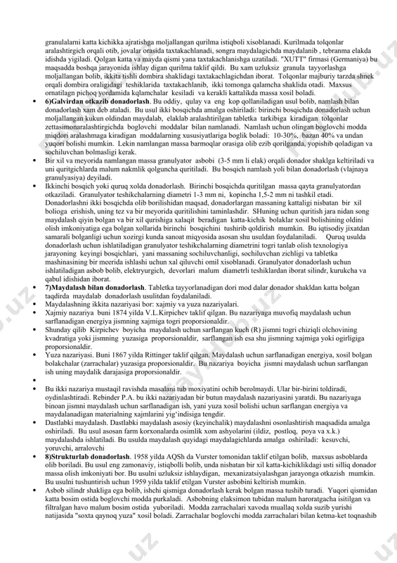 eruvchilar. · toldiruvchi moddalar. kam miqdorda ishlatiladigan dorilardan tabletka tayyorlashda unga malum ogirlik berish uchun ishlatiladi. bularga algin kislota va alginat natriy, glyukoza, dekstrin, jelatin, kalsiy karbonat, ikkkilamchi kalsiy fosfat, kraxmal, magniy karbonat, magniy oksidi, mannit, ksilit, mikrokristallik selyuloza, bugdoy uni, natriy gidrokarbonat, natriy xlorid, ruberozum, qand, sut qandi, sorbit, serulozum va boshqalar kiradi · boglovchi moddalar. donadorlash va taxtakachlash jarayonida tabletkalarda etarli qattqilikni taminlash uchun qoshiladi. boglovchi moddalar quruq va suyuq bolishi mumkin. quruqlariga polietilenoksid, mks, polivinilpirolidon (pvv), polietilenglikol (peg) yoki ularning majmuasi kiradi. · g'ovaklovchi moddalar. bunday tabletkalarning qattiqligi 70 n dan ortiq boladi. tabletkalarning suyuqlikda parchalanishi yoki tasir qiluvchi moddalarning erishini taminlash uchun govaklovchi moddalar ishlatiladi. ularga kraxmal, nakmst, kmst, uap, algin kislotasi va uning natriyli tuzi, bentonit, uzum kislotasi bilan natriy gidrokorbanat aralashmasi, qand, natriy xloridi, tvin-80 va boshqalar kirad · 3)aralashtirish. ishlab chiqarish korxonalarida aralashtirish jarayoni maxsus apparat aralashtirgichlarda amalga oshiriladi va bu deyarli qiyinchilik …