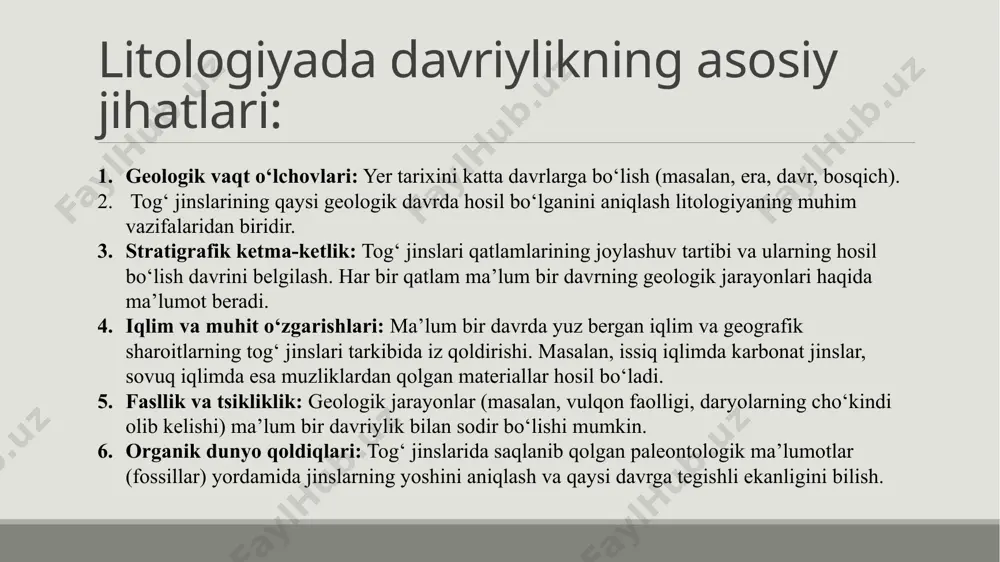 ari haqida ma’lumot beradi. qatlamlarning turli tuzilishi, ranglari, va tarkibi, ayniqsa, iqlim, geologik faollik va muhit o‘zgarishlari natijasida o‘zgaradi​ tsikliklik va uzluksizlik cho‘kindi jinslarning qatlamlari ko‘pincha tsiklik tarzda takrorlanadi. bu davriylik (tsikliklik) jarayonlari, masalan, dengiz sathining ko‘tarilishi va pasayishi (transgressiya va regressiya), yoki iqlimning o‘zgarishi bilan bog‘liq. bunday tsikllar, o‘z navbatida, qatlamlarning ma'lum bir xil va o‘zgaruvchan xususiyatlarini aks ettiradi​ 3.fatsial zonallik cho‘kindi jinslar muhitning o‘zgarishi bilan bog‘liq ravishda farqlanadi. har bir qatlam ma’lum bir geologik muhitni ifodalaydi, masalan, dengiz suvi yoki quruqlik. fatsial zonallik, qatlamlar orasidagi farqni va jinslarning turli mintaqalardagi o‘zgarishini ko‘rsatadi​ 4.mineralogik va kimyoviy xususiyatlar kesmalarning davriy tuzilishi, o‘zgargan geologik sharoitlarni, shu jumladan minerallar tarkibini va kimyoviy o‘zgarishlarni aks ettiradi. masalan, temir oksidlarining ko‘pligi yoki kaliy, natriy kabi elementlarning mavjudligi, qatlamlarning qanday sharoitda hosil bo‘lgani haqida ma’lumot beradi​. ushbu xususiyatlar geologlar tomonidan geologik tarixni qayta tiklash, iqlimni aniqlash, va foydali qazilmalarni qidirishda qo‘llaniladi. kesmalarning davriy tuzilishi orqali …