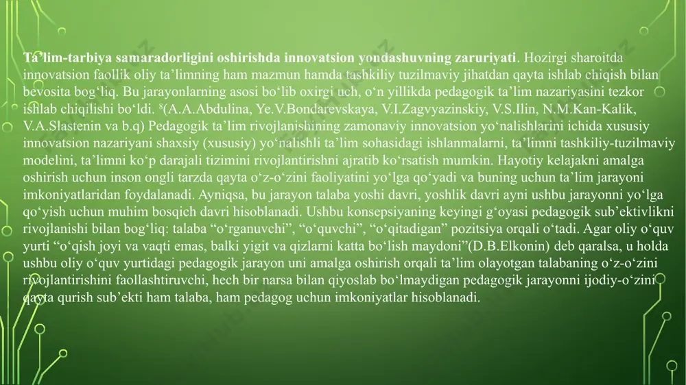 lar tizimiga; ­ o‘quv reja va o‘quv dasturlariga; ­ o‘quvchi va o‘qituvchi faoliyatiga bog‘liq. yangilik tarixiy aspektda nisbiylik ahamiyat kasb etadi. yangilik aniq tarixiy xarakterga ega, ya’ni o‘z vaqtidan oldin paydo bo‘lishi mumkin, o‘z vaqtida me’yor bo‘lishi yoki eskirishi ham mumkin. maktab yoki oliy tizimning rivojlanish jarayonida, ehtimol ta’lim tizimi butunicha: ­ absolyut yangiligi (o‘xshashi, prototipning yo‘qligi); ­ nisbatan yangiligi; ­ o‘ziga xos, ixtirochiligi ko‘rinishidagilar hisobga olinadi. yangilik xillari (tiplar) maktab va oliy tizimda turlicha asoslarga ko‘ra guruhlanadi: birinchi klassifikatsiya (guruh) yangiliklarni kiritish, maktab va oliy tizimda sodir bo‘ladigan pedagogik jarayonga aloqadorligi bilan asoslanadi. ushbu jarayonni tushunishga tayanib, quyidagi ko‘rinishdagi yangilik xillarini ajratish mumkin: ­ ta’lim maqsadi va mazmuniga; ­ pedagogik jarayon metodikasi, vazifalari, usullari, texnologiyalarga; ­ ta’lim va tarbiyani tashkil etish shakllari va vositalari; ­ rahbariyat, pedagog va o‘quvchilar faoliyatiga. ta’lim tizimiga ikkinchi klassifikatsiya (guruh) yangilikni kiritish masshtabi (hajmi) belgisiga asoslanadi. bu yerda quyidagi o‘zgarishlarni ajratish mumkin: - bir-birlari …