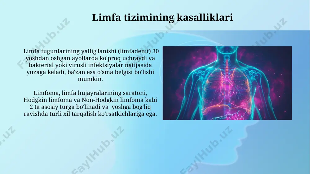 lgan limfotsitlarning zich to'planishi bo'lib, immunitet javobini shakllantirishda muhim rol o'ynaydi. har bir limfa tugunida, limfa tomirlari orqali keladigan limfani filtrlaydigan, t va b limfotsitlari kabi turli xil immun hujayralarining bir necha zonalari mavjud. limfa aylanishining mexanizmi limfa harakati asosan mushaklarning qisqarishi, qon tomirlarining pulsasiyasi va limfa tomirlaridagi klapanlarning faoliyati natijasida amalga oshiriladi, soatiga taxminan 2 litr limfa suyuqligi aylanadi. limfaning harakat tezligi turli omillarga bog'liq bo'lib, o'rtacha 0,1-1 mm/soniyani tashkil etadi, bu esa tanadagi toksinlar va hujayra qoldiqlarini asta-sekin olib tashlashga yordam beradi. limfedema va uning sabablari limfedemaning sabablari orasida filarioz kabi parazitar infektsiyalar, jarrohlik amaliyotlari natijasida limfa tugunlarining olib tashlanishi, shuningdek, 20 dan ortiq turdagi genetik kasalliklar mavjud. surunkali limfedema, agar davolanmasa, teri infektsiyalari xavfini 10 baravar oshirishi va hayot sifatini sezilarli darajada pasaytirishi mumkin, bu esa bemorlarning harakatchanligini cheklaydi. e'tiboringiz uchun rahmat @taqdimot_robot image2.jpg image3.jpg image4.jpg image5.jpg image6.jpg image7.jpg image8.jpg image9.jpg image10.jpg image11.jpg image12.jpg image13.jpg image14.jpg image15.jpg …