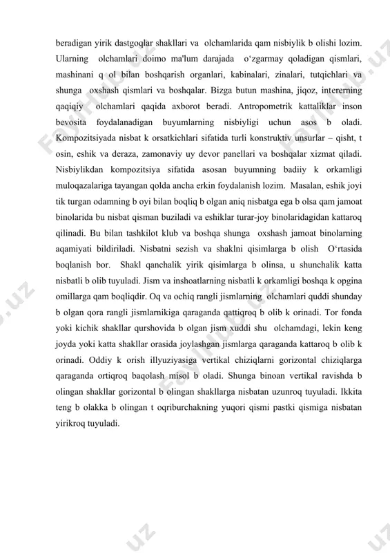 lanadi. nisbat t оqridan-t оqri ma'noda – buyum оlchamlarining chizmadagi kattaligi bilan uning xaqiqiy оlchamiga nisbatidir. miniatyura kompozitsiyalari ishlashda nisbat dеganda, tarixiy obidalar yoki tabiat manzaralarning оlchamlari jiqatdan insonga nisbatan mos kеlishidir. bu ma'noda nisbatni absalyut emas, balki nisbiy kattalikdir. nisbatlar jiqozlar, mayishiy buyumlar va shularga оxshash narsalarni kompozitsiyalashda ularning оlchamlari bajarish vazifasiga mos kеlishiga, atrof muqit bilan mutanosib b оlishiga e'tibor bеrish lozim. qatto mеtallarga ishlov bеradigan yirik dastgoqlar shakllari va оlchamlarida qam nisbiylik b оlishi lozim. ularning оlchamlari doimo ma'lum darajada o‘zgarmay qoladigan qismlari, mashinani q оl bilan boshqarish organlari, kabinalari, zinalari, tutqichlari va shunga оxshash qismlari va boshqalar. bizga butun mashina, jiqoz, intеrеrning qaqiqiy оlchamlari qaqida axborot bеradi. antropomеtrik kattaliklar inson bеvosita foydalanadigan buyumlarning nisbiyligi uchun asos b оladi. kompozitsiyada nisbat k оrsatkichlari sifatida turli konstruktiv unsurlar – qisht, t оsin, eshik va dеraza, zamonaviy uy dеvor panеllari va boshqalar xizmat qiladi. nisbiylikdan kompozitsiya sifatida asosan buyumning …