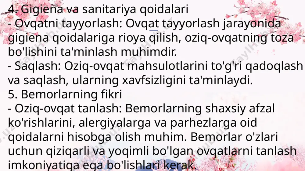 , miqdorini aniklaydi, ovqatni bo'limlarga talabnomalarga binoan berilishini nazorat qiladi. omborxonaga olib kelingan maxsulotlar sifatini tekshirida tez bo'ziladigan maxsulotlarning iste'mol kilish muddati shaxodatnomaga kura utib ketgan bulsa, kabul kilinmaydi.pishgan ovqatlarni bkmorlarga berishdan oldin navbatchi oshxona mudiri bilan sinama oladi, ovqatning ta'mini, xaroratini va xajmini aniklaydi. pishgan ovqat xakida ma'lumotlarni brokeraj daftariga ( ovqatni bemorlarga berish mumkinligi) yozadi va xokazo; oziq ovqat bloki odatda asosiy korpusga qo'shimcha qurilgan xonalarga, yaxshisi, asosiy korpus bilan tunnel yordamida tutashtirilgan aloxida binoga joylashtirilgani ma'kul. parxez ovqatlar me'da ichak kasalliklarida, kandli diabetda va qator boshqa kasalliklarda asosiy davo vositasi xisoblanadi. bemorlik davrida ko'pincha ishtaxa pasayib ketadi. shuning uchun kasalxona bemorlarning energetik xarajatini koplaydigan, xajm jixatidan, sifat jixatidan talabga javob beradigan xilma-xil ovqatlar bilan ta'minlashga aloxida axamiyat berish zarur. parxez ovqatlar bemorning xolatiga karab tavsiya etiladi. parxez rakamlar 0dan 15gacha, ba'zan parxezlar ikki turga- u yoki bu darajada kat'iy parxezga ega buladi. dieta №1a buyuriladigan maxali: 1.yara …