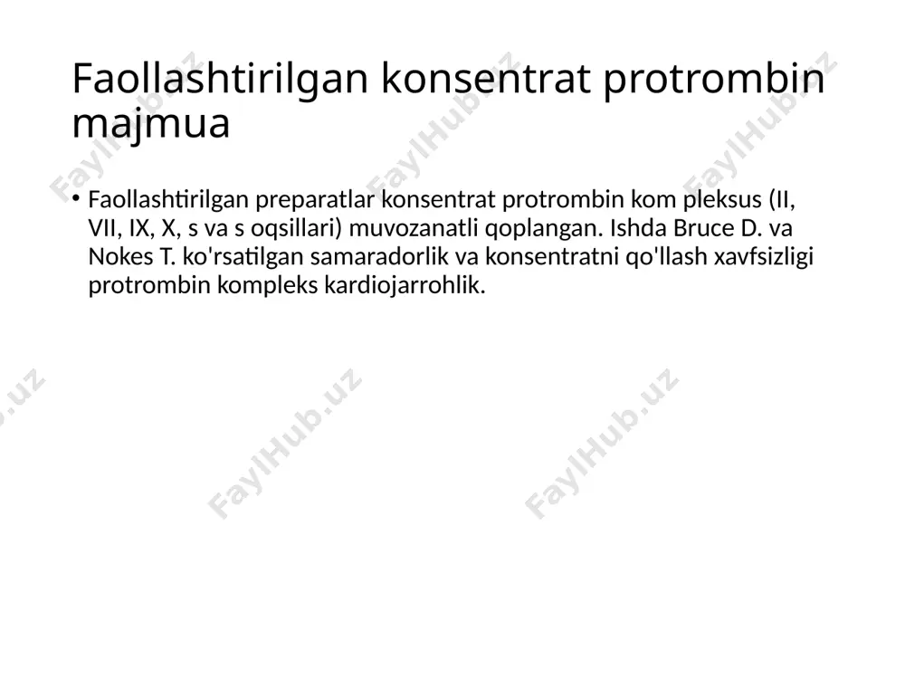 gan buqa, inson yoki rekombinat trombin. yaqinda butunlay yaratilgan sintetik mato plomba moddasi rekombinant fibrinogen, trombin va omil xiii. menadiona natriy bisulfit vitamin k jigarda ii, vii, ix, x omillarini ishlab chiqarishni ko'paytirish orqali qonning pıhtılaşmasını oshiradi. 12-18 soatda i / m kiritilgandan keyin. sintetik homolog bo'lgan k vitamini etishmovchiligi bilan menadion, qon ketishining ortishi kuzatiladi. substrat k ni rag'batlantiradi-vitaminreduktaza, k vitamini faollashtiradi va k ning jigar sintezida ishtirokini ta'minlaydi-vitaminga qaram bo'lganlar gemostazning plazma omillari. dicinon trombotsitlar va ularning suyak iligi hosil bo'lishini rag'batlantiradi. mato shakllanishini faollashtiradi tromboplastin (omil iii) kichik tomirlarga zarar etkazish joyida, trombotsitlarni yopish va agregatsiyalashga yordam beradi, qon ketishini kamaytiradi. asosiy trombozning shakllanish tezligini oshiradi va fibrinogen va pv darajasiga ta'sir qilmasdan uning retraktsiyasini oshiradi. qayta kiritilganda tromboz shakllanishi kuchaymoqda. ortadi kapillyarlarning qarshiligi, ularning xiralashuvini pasaytiradi, patologik o'tkazuvchanlikni normallantiradi jarayonlar. etamzilat - samaradorlikning isboti bo'lmagan dori. adabiyotlar ro'yxati haemostatic management of cardiac surgical haemorrhage m. w. …