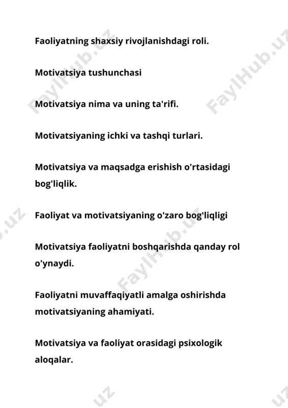 i darajadagi ehtiyojlarga (masalan, o'zini amalga oshirish) erishish qiyin bo'ladi. maslowning piramidasidagi ehtiyojlarning qoniqishi motivatsiya va faoliyatga ta'sir qiladi. herzbergning ikki faktorli nazariyasi: frederick herzberg insonlarni ishga motivatsiya qilishda ikki asosiy faktor mavjudligini ta'kidladi: motivatsiya faktorlar (masalan, tan olish, muvaffaqiyat) va gigiena faktorlar (masalan, ish joyining xavfsizligi, to'lovlar). har ikkisi ham ish faoliyatini va motivatsiyani shakllantiradi. motivatsiyani oshirish usullari: ichki motivatsiya: insonning o'z maqsadlari va qiziqishlari orqali rivojlantiriladi. misol: muvaffaqiyatni his qilish, o'zini takomillashtirish istagi. tashqi motivatsiya: tashqi mukofotlar yoki e'tirof (pul, lavozim, tan olish) yordamida oshiriladi. maqsad qo'yish: o'z maqsadlarini aniq belgilash va ularni amalga oshirish yo'lida faoliyatni davom ettirish motivatsiyani oshiradi. ijtimoiy qo'llab-quvvatlash: jamoa tomonidan qo'llab-quvvatlash ham motivatsiyani kuchaytiradi, chunki insonlar ijtimoiy o'zaro munosabatlarga muhtojdir. xulosa: faoliyat va motivatsiya o'rtasida mustahkam bog'liqlik mavjud. motivatsiya faoliyatni boshqarishda muhim rol o'ynaydi va shaxsning maqsadlariga erishish uchun zarurdir. samarali motivatsiya va faoliyat o'zaro uyg'unlashib, shaxsning rivojlanishini, uning shaxsiy va professional maqsadlariga …