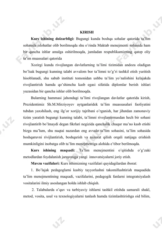 blanadi. kurs ishining predmeti ta’lim menejmentini boshqarish fanlarining metodologik asoslari, yetakchi pedagogik ta’limotlar, muhim nazariy g‘oyalari, yangicha pedagogik yondashuv (paradigma)lar sanaladi. i bob o’qitish metodlarining tasnifi. o’qitish jarayonida qo’llaniladigan metodlarga qo’yiladigan talablar. metodlarning turlari 1.1 o’qitish metodlarining tasnifi pedagogi-psixologik fanida o’qituvchilarning amaliy tajribasini o’rganish va umumlashtirish asoida ta’lim metodlarini tanlashga o’quv-tarbiya jarayoni kechayotgan shart-sharoitlar va aniq holatlarga bog’liq muayyan yondashuvlar vujudga keladi. ta’lim metodlari tizimida og’zaki bayon qilish metodlari muhim o’rin tutadi. og’zaki mashqlardan ta’lim jarayonida keng foydalaniladi. ular o’quvchilarning umumiy madaniyati, mantiqiy fikrlashi hamda bilish qobiliyatini rivojlantirish bilan bog’liqdir. shuningdek, og’zaki mashqlarning nutq boyligini oshirish va xorijiy tillarni o’rganishdagi ahamiyati beqiyos. hikoya– o’qituvchi tomonidan mavzuga oid dalil, hodisa va voqealarning yaxlit yoki qismlarga bo’lib, tasviriy vositalar yordamida obrazli tasvirlash yo’li bilan ixcham, qisqa va izchil bayon qilinishi. metodning samarasi ko’p jihatdan o’qituvchining nuqt mahorati, so’zlarni o’z o’rnida, ifodali bayon qilishi, shuningdek, o’quvchilarning yoshi, rivojlanish darajasini inobatga olgan holda yondashuviga …