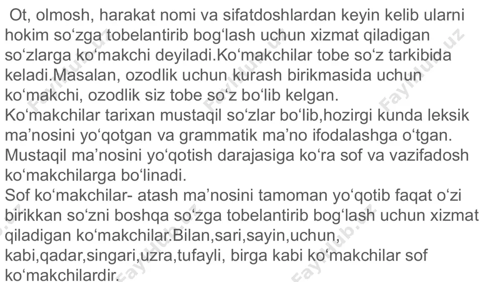 lamasi na yozdi,na oʻqidi- inkor bogʻlovchi ● aniqlov bogʻlovchisi- gap boʻlaklarini va gaplarni tobelantirib boʻlmaydi, ular oʻrtasidagi aniqlashtirish maʼnosini ifodalaydi.yaʼni ● sabab bogʻlovchilari- gaplarni oʻzaro tobelantirib boʻlmaydi,ular oʻrtasidagi sabab maʼnosini ifodalaydi.chunki ,negaki ● shart bogʻlovchisi- gap boʻlaklari va gaplarni tobelantirib bogʻlaydi,ular oʻrtasidagi shart maʼnosini ifodalaydi . agar, basharti,garchi. soʻz yoki gapga oʻxshatish- qiyoslash maʼnosini yuklovchi xuddi,goʻyo(ki) kabi yordamchi soʻzlar oʻxshatish- qiyoslash yuklamalari hisoblanadi. shuningdek,ular ergashtiruvchi bogʻlovchi vazifasida kelishi ham mumkin.