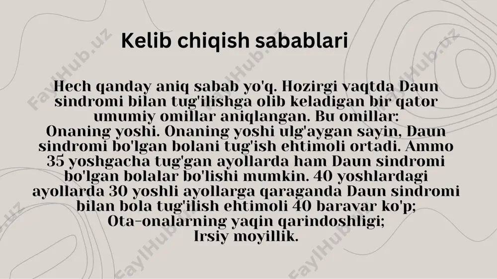 shlari oʻrtasidagi tafovut kengayadi. odatda, daun sindromi boʻlgan odamlar gapirish qobiliyatidan koʻra yaxshiroq tilni tushunishadi. babbling (chaqaloqlarda duduqlanib gapirish) odatda oʻrtacha 15 oy atrofida paydo boʻladi. daun sindromi boʻlganlarning 10–45 foizida duduqlanish yoki tez va tartibsiz nutq bor, bu ularni tushunishni qiyinlashtiradi. 30 yoshdan keyin baʼzilar gapirish qobiliyatini yoʻqotishi ham mumkin. etiboringiz uchun rahmat