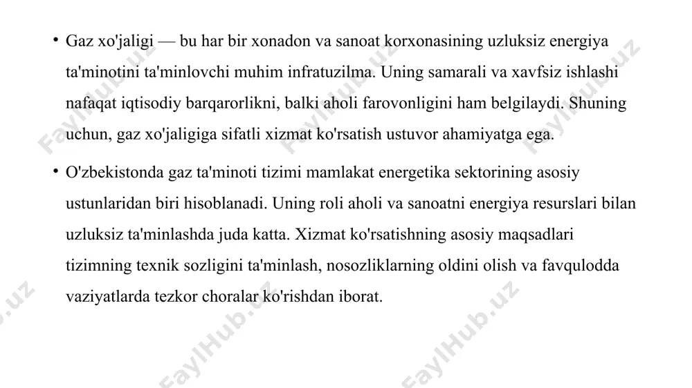 mutaxassislar tomonidan ta'mirlanadi yoki yangisiga almashtiriladi. xulosa sifatli xizmat gaz xo'jaligiga sifatli xizmat ko'rsatish nafaqat resurslarni tejash, balki aholi va korxonalar uchun uzluksiz va xavfsiz gaz ta'minotini ta'minlashda hal qiluvchi ahamiyatga ega. xavfsizlik ustuvorligi doimiy texnik nazorat, profilaktika va favqulodda vaziyatlarga tayyorlik xavfsizlikni ta'minlash va avariyalarning oldini olishning asosidir. barqarorlik va rivojlanish gaz ta'minoti tizimining barqarorligi va uzluksiz rivojlanishi mamlakat energetik xavfsizligi va iqtisodiy o'sishining garovidir. takliflar texnologiyalarni modernizatsiya qilish, xodimlarning malakasini oshirish va raqamli tizimlarni keng joriy etish orqali gaz xo'jaligi samaradorligini yanada oshirish mumkin. image1.jpeg image2.jpeg image3.jpeg /docprops/thumbnail.jpeg
